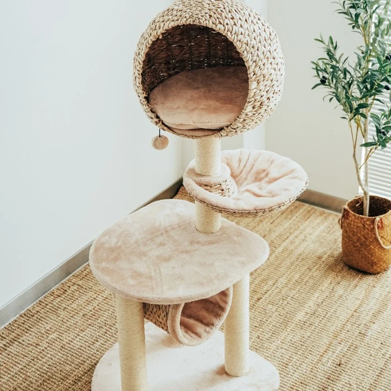 Bird Nest Cat Tree with Hand-Woven Rattan Bed and Four Sisal Posts