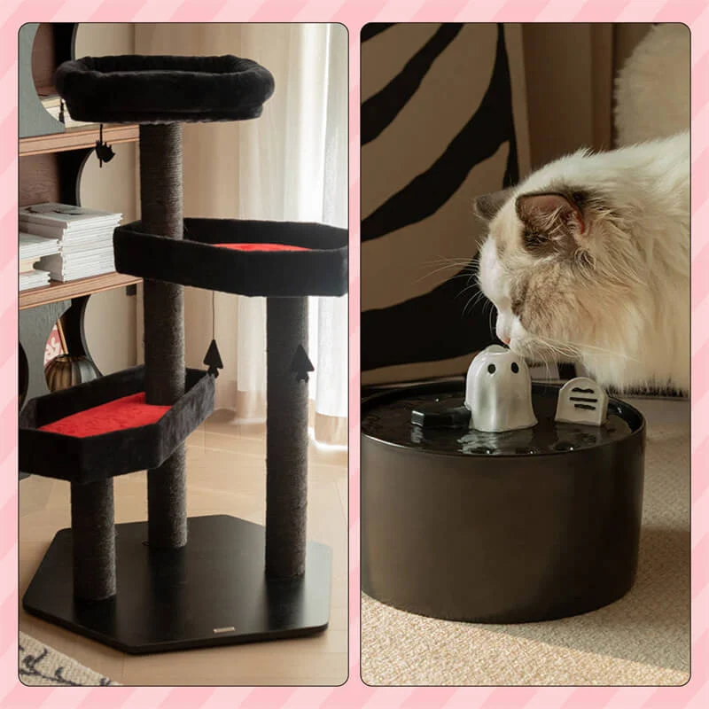 Gothic Style Cat Combo with Cat Tree and Ghost Drinking Fountain