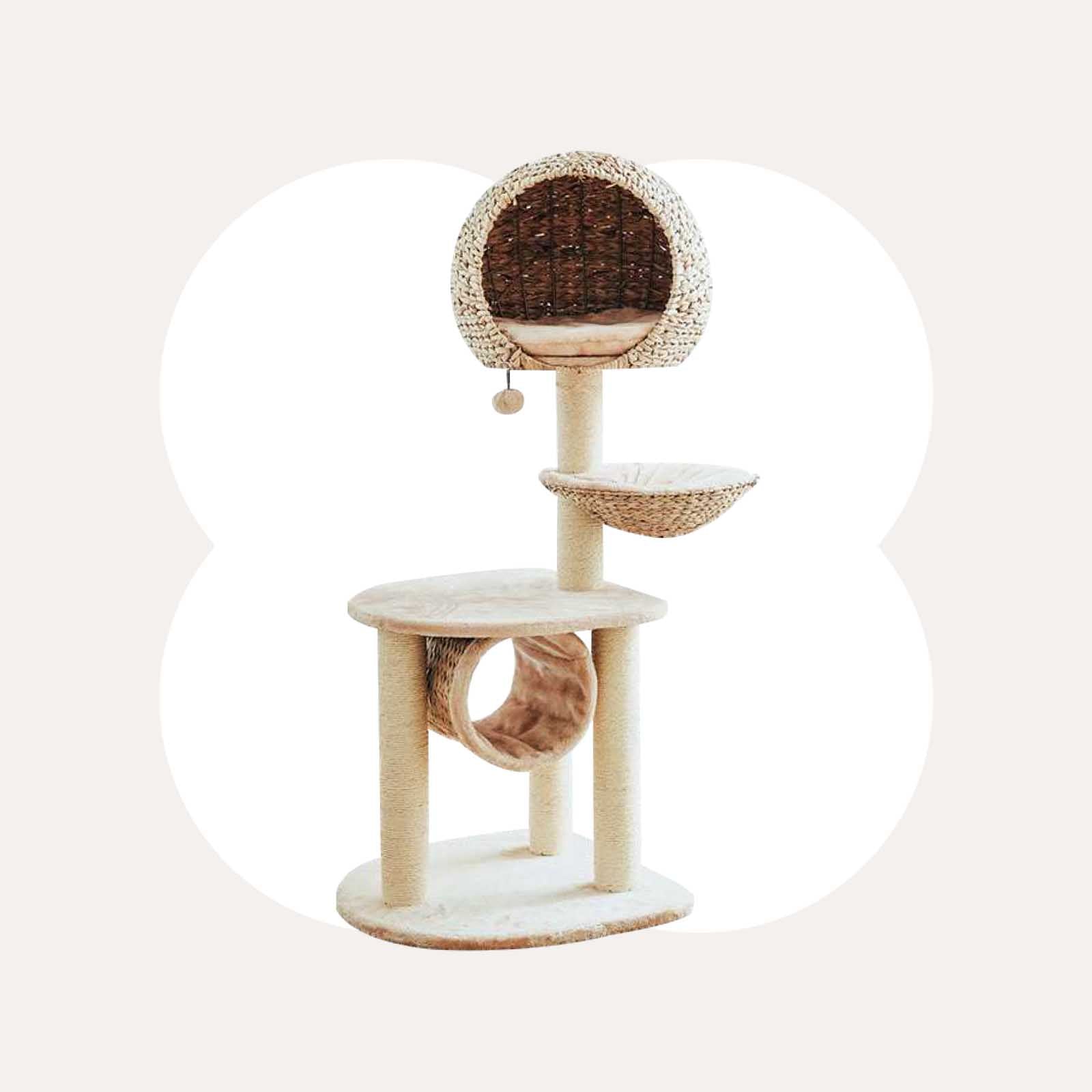 Bird Nest Cat Tree with Hand-Woven Rattan Bed and Four Sisal Posts