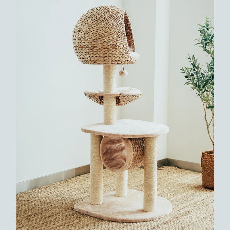 Bird Nest Cat Tree with Hand-Woven Rattan Bed and Four Sisal Posts