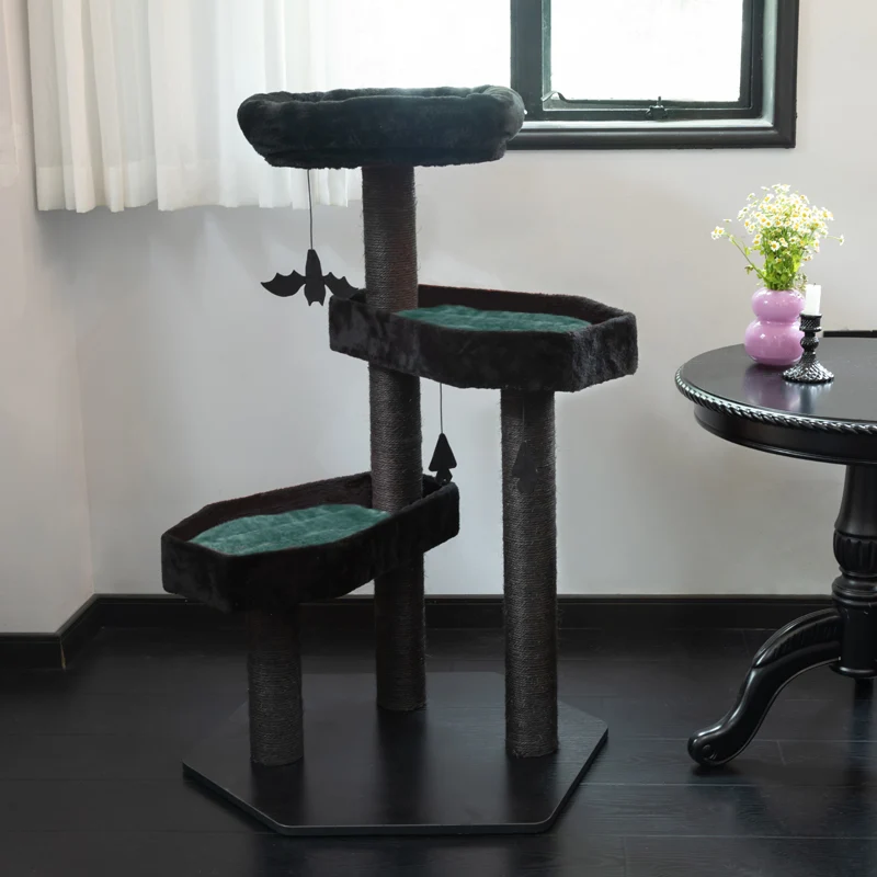 Gothic Style Cat Tree with Coffin Platforms in Red and Black
