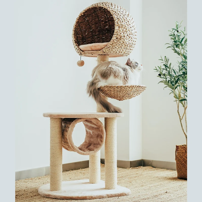 Bird Nest Cat Tree with Hand-Woven Rattan Bed and Four Sisal Posts