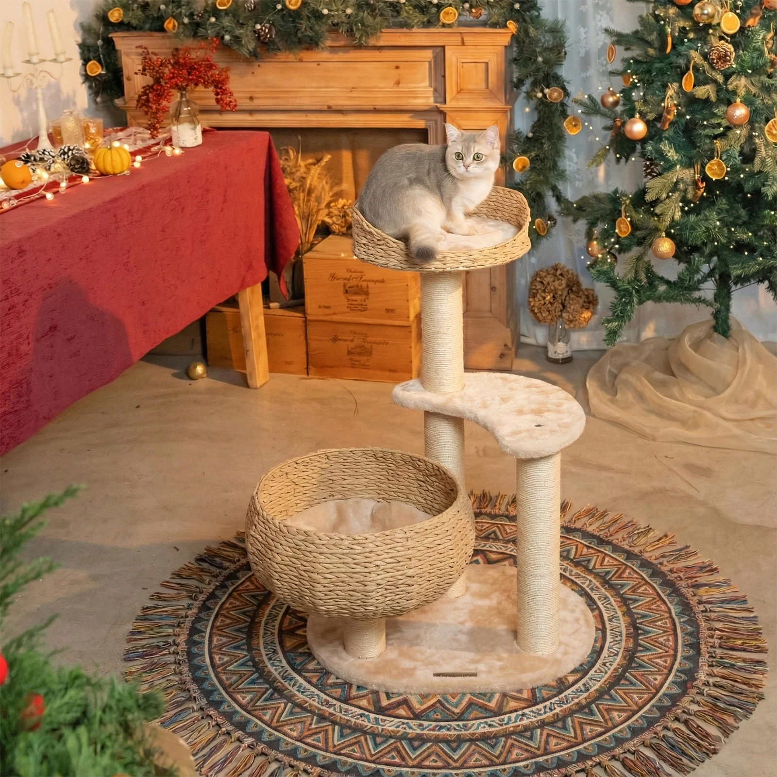 Sleeping in the Bowl Cat Tree with Natural Rattan Nest and 3 Tiers