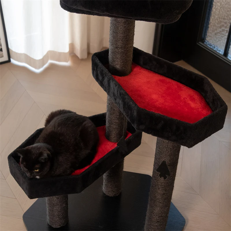 Gothic Style Cat Tree with Coffin Platforms in Red and Black