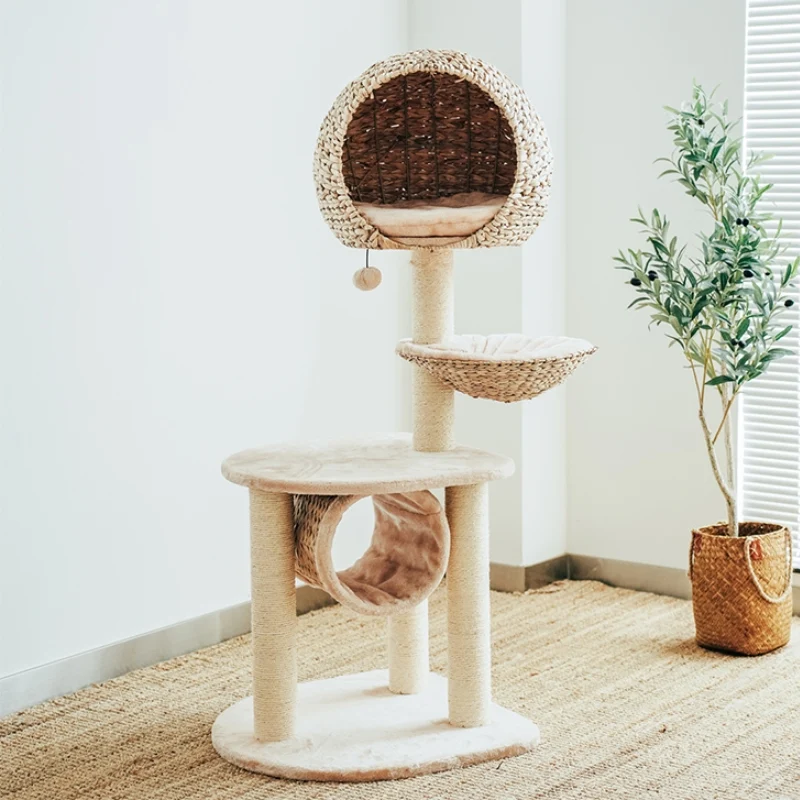 Bird Nest Cat Tree with Hand-Woven Rattan Bed and Four Sisal Posts