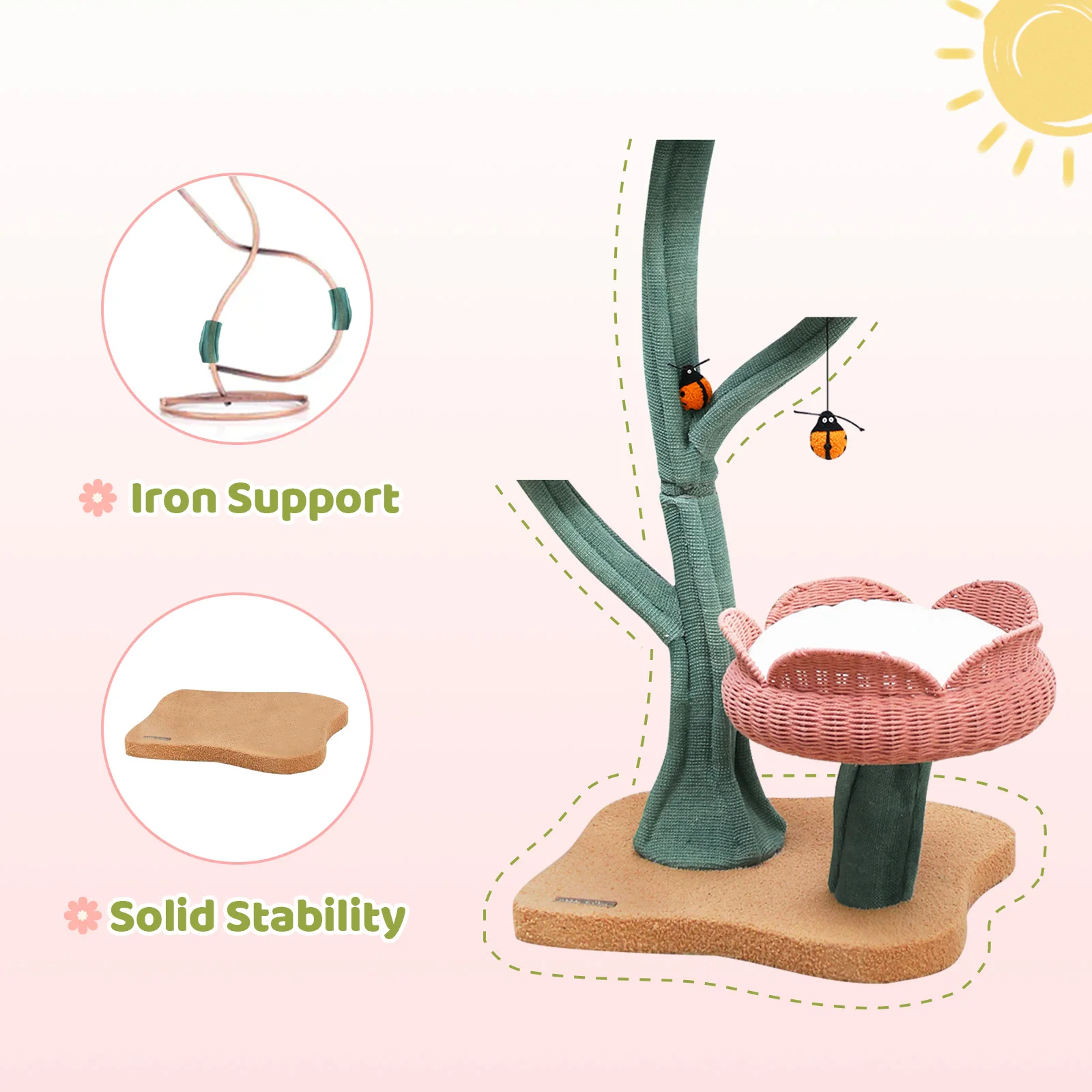 Yellow Tulip Cat Tree with Iron Support and Ladybug Toy