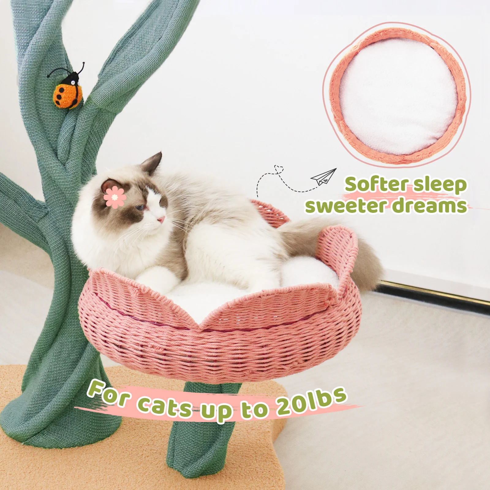 Yellow Tulip Cat Tree with Iron Support and Ladybug Toy