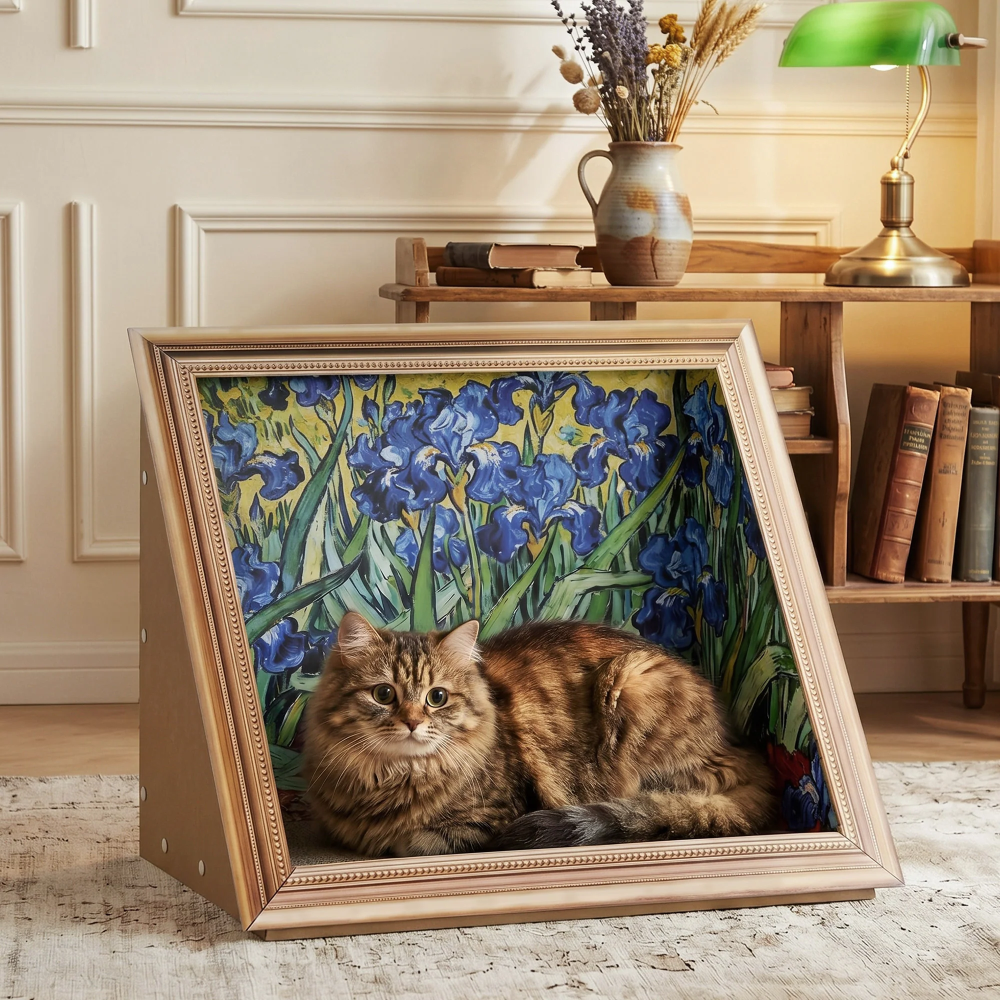 Retro Art Cat Scratcher with Gold Frame and Oil Painting Backdrop