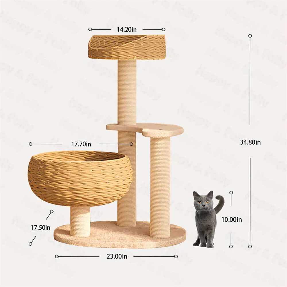 Sleeping in the Bowl Cat Tree with Natural Rattan Nest and 3 Tiers