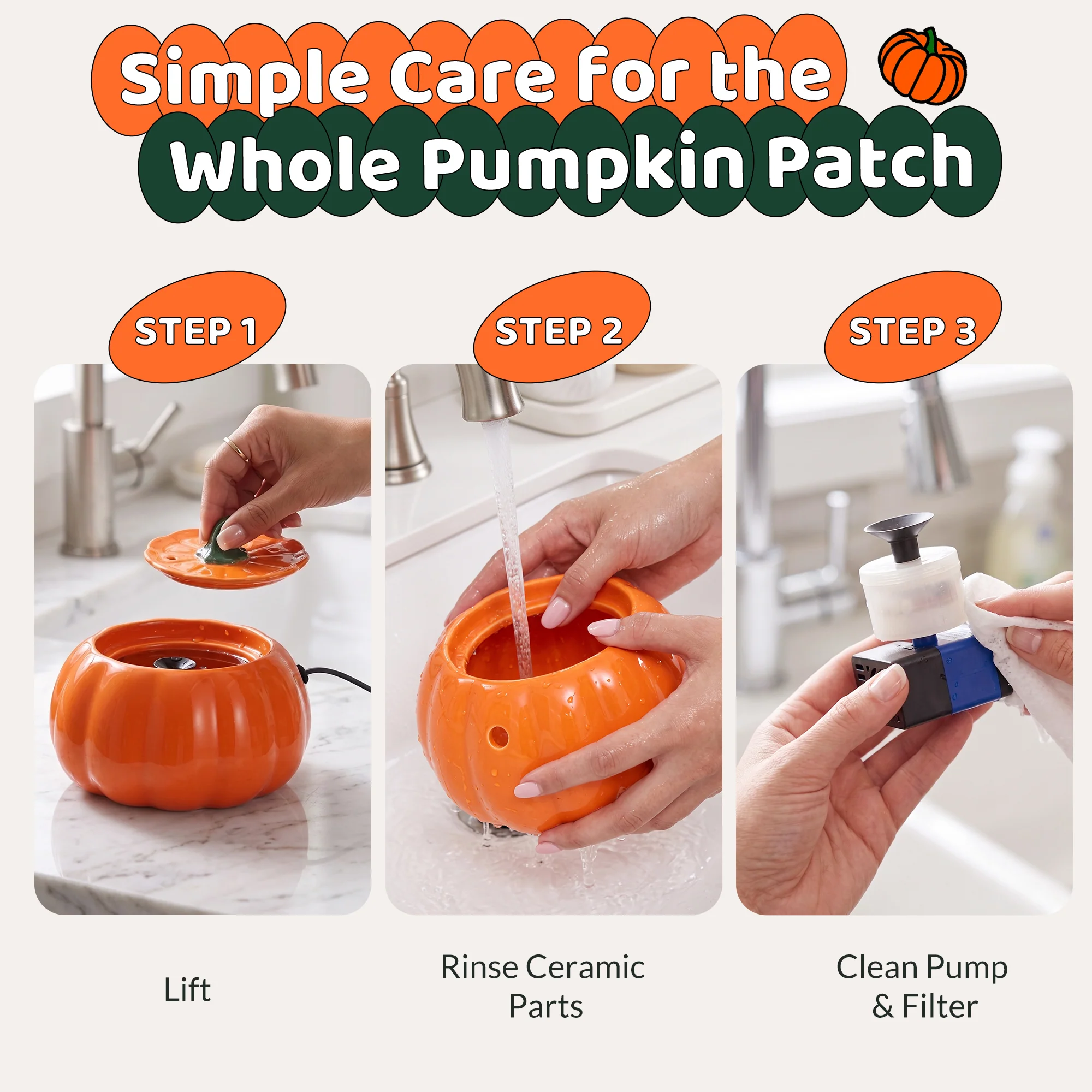 Pumpkin Patch-kattmatskål & fontänset i orange eller grönt keramik