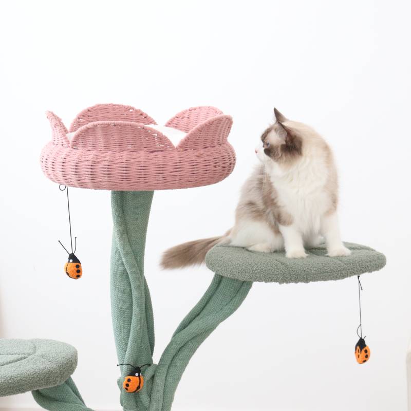 Yellow Tulip Cat Tree with Iron Support and Ladybug Toy