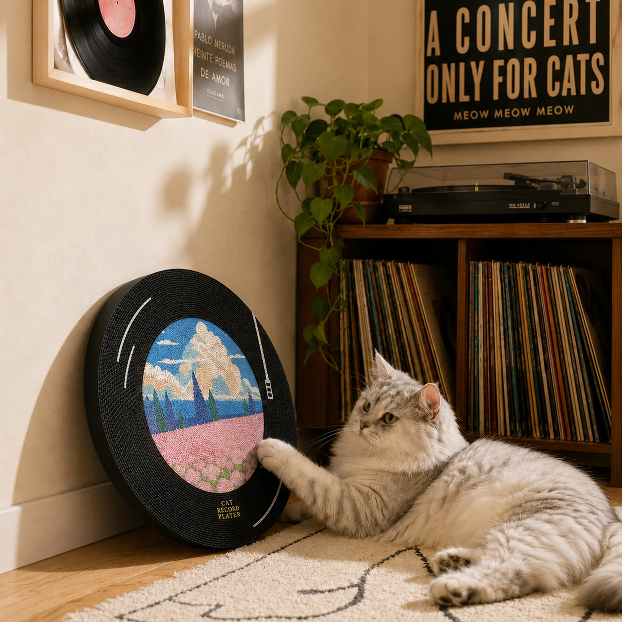 Vinyl Dreams vægklatrestativ til katte med pladestel til musikelskende katte