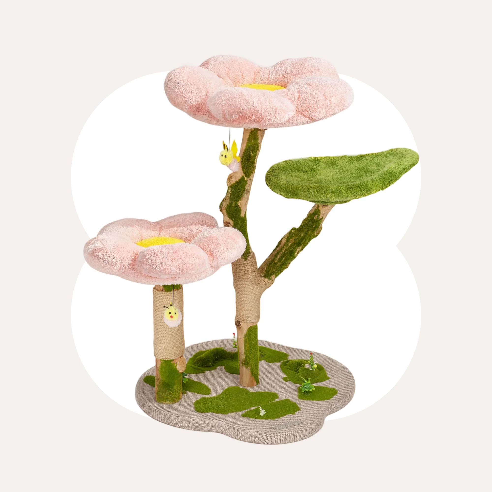 35.4" Blossom Wonder katträd i massivt trä med blom- och lövdesign