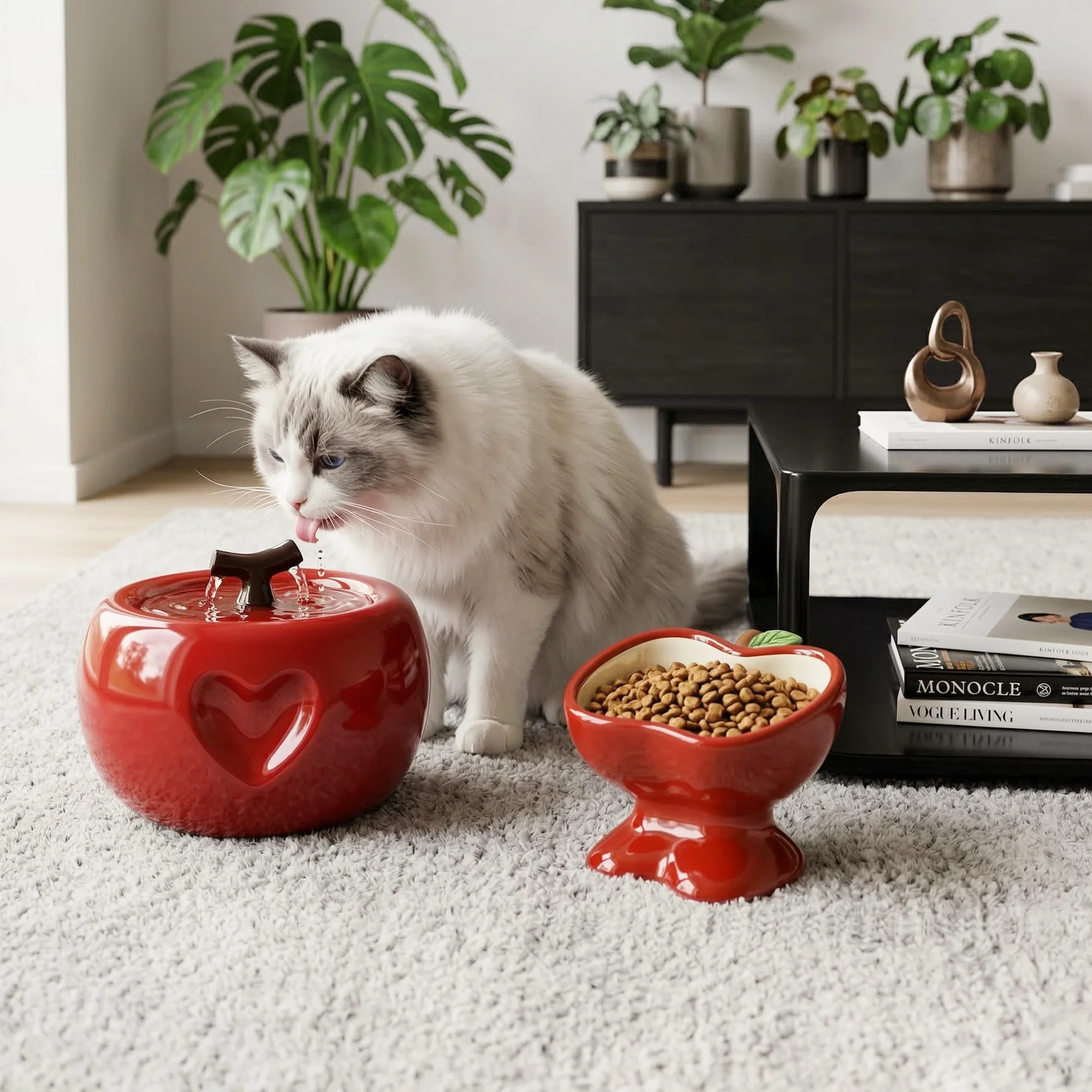 Set de comedero y fuente Love Apple para gatos