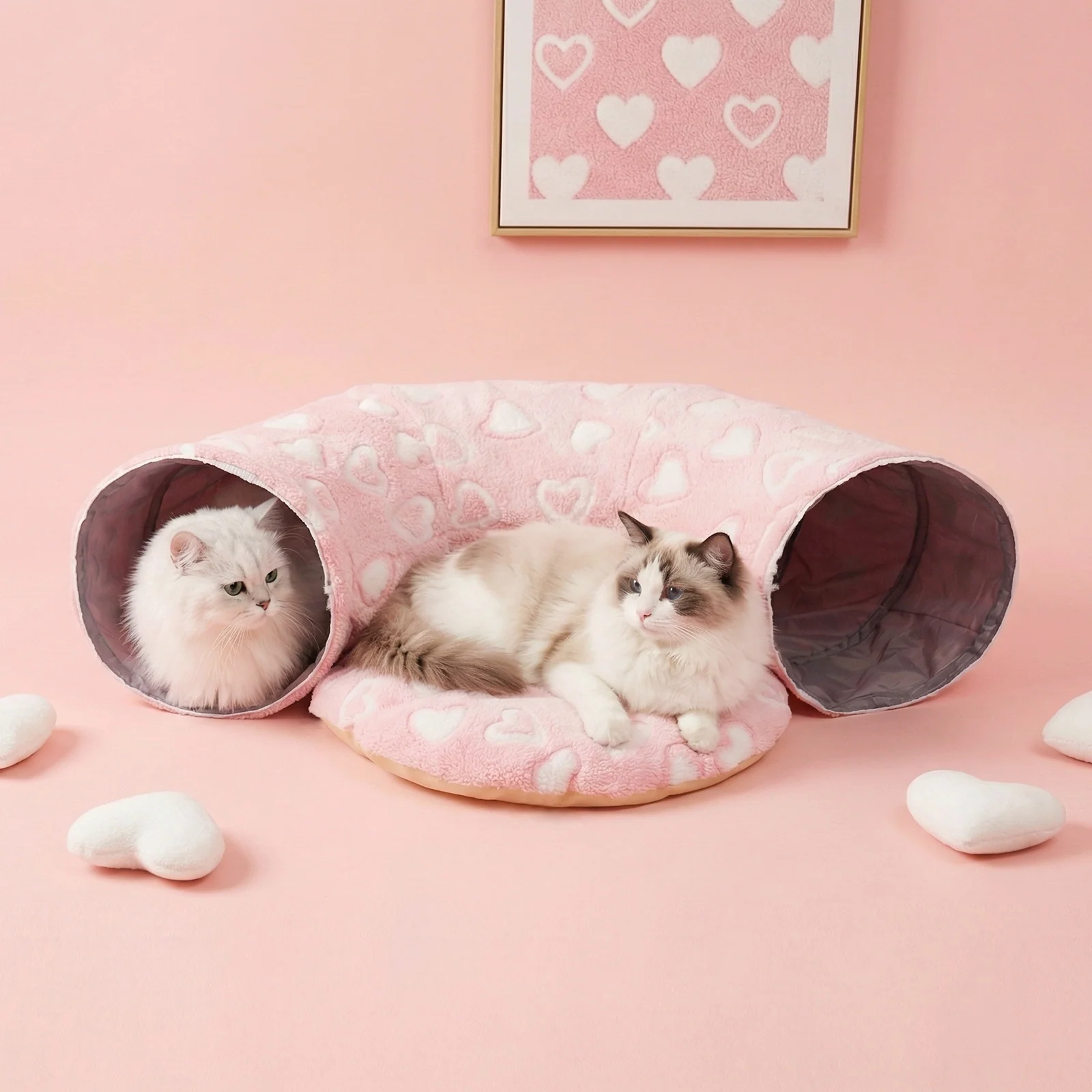 Sweetheart Snuggle Cat Tunnel Bed in Soft Pink Plush