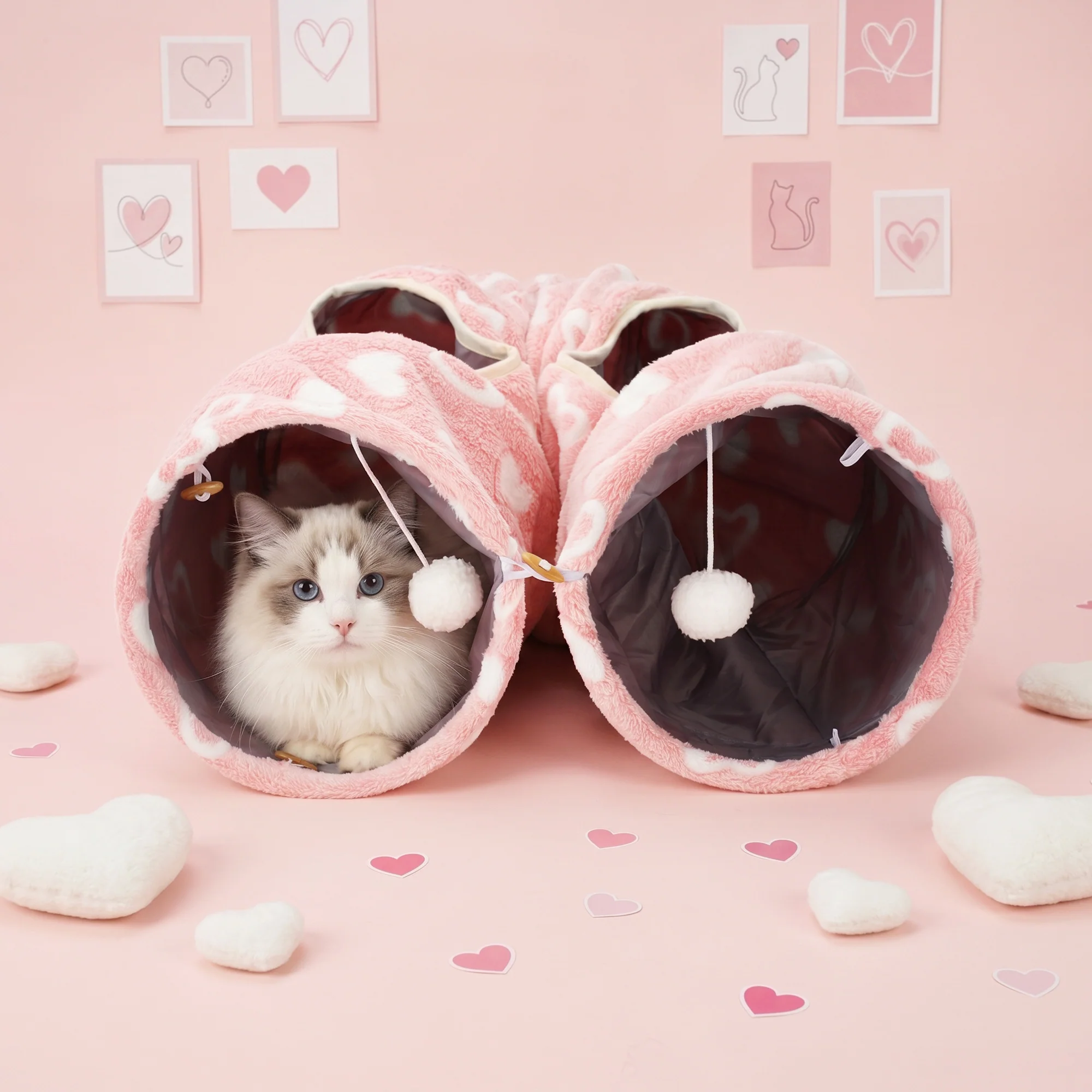 Sweetheart Snuggle Cat Tunnel Bed in Soft Pink Plush