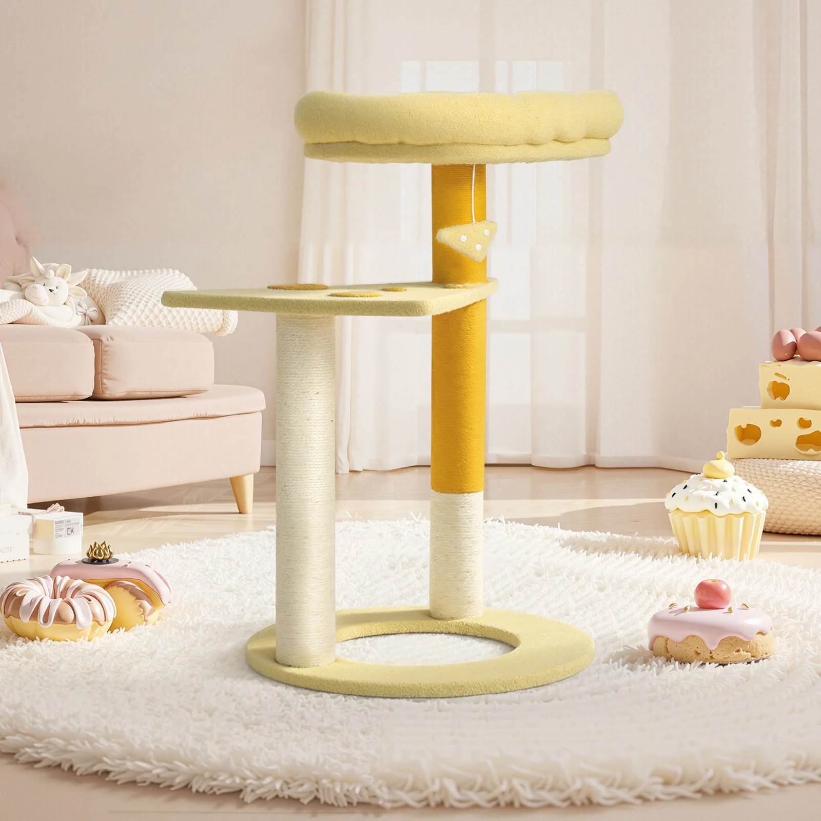 Árbol rascador para gatos con forma de queso transformable, caseta con 3 puertas y acabado de terciopelo Teddy