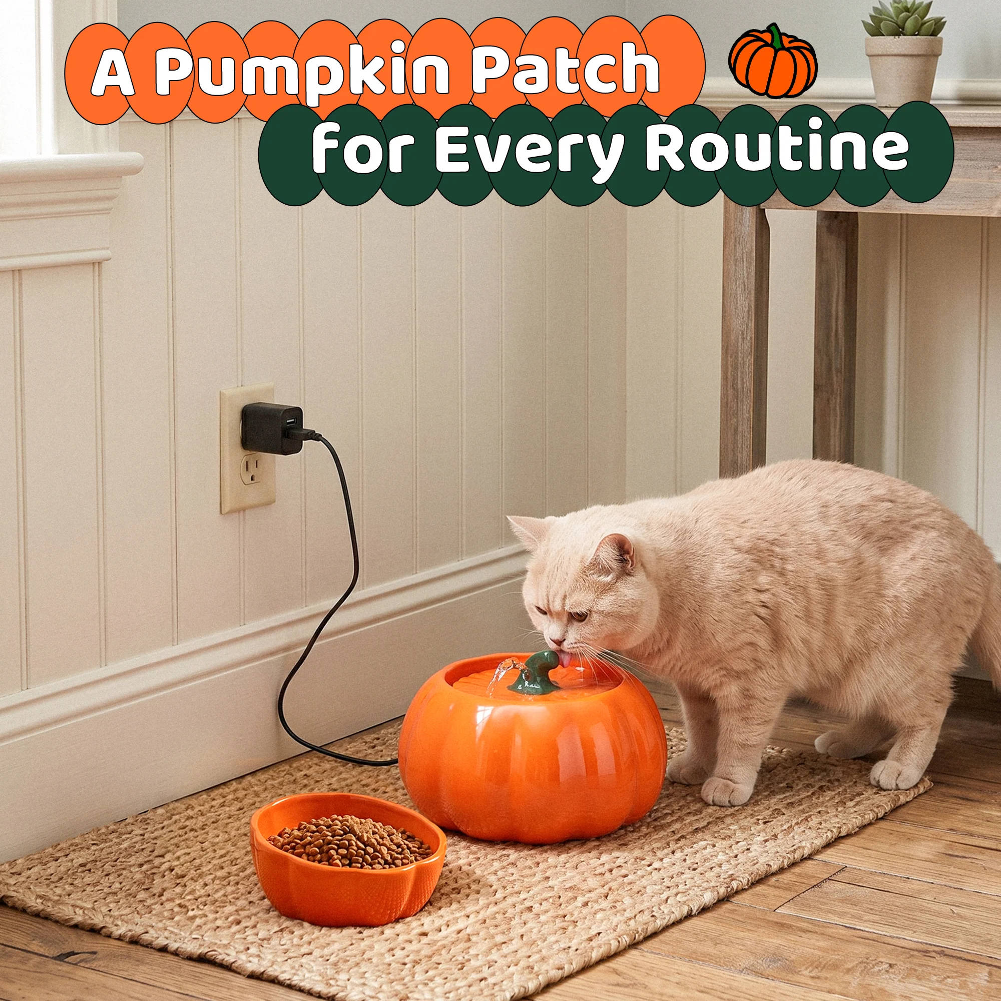 Pumpkin Patch-kattmatskål & fontänset i orange eller grönt keramik