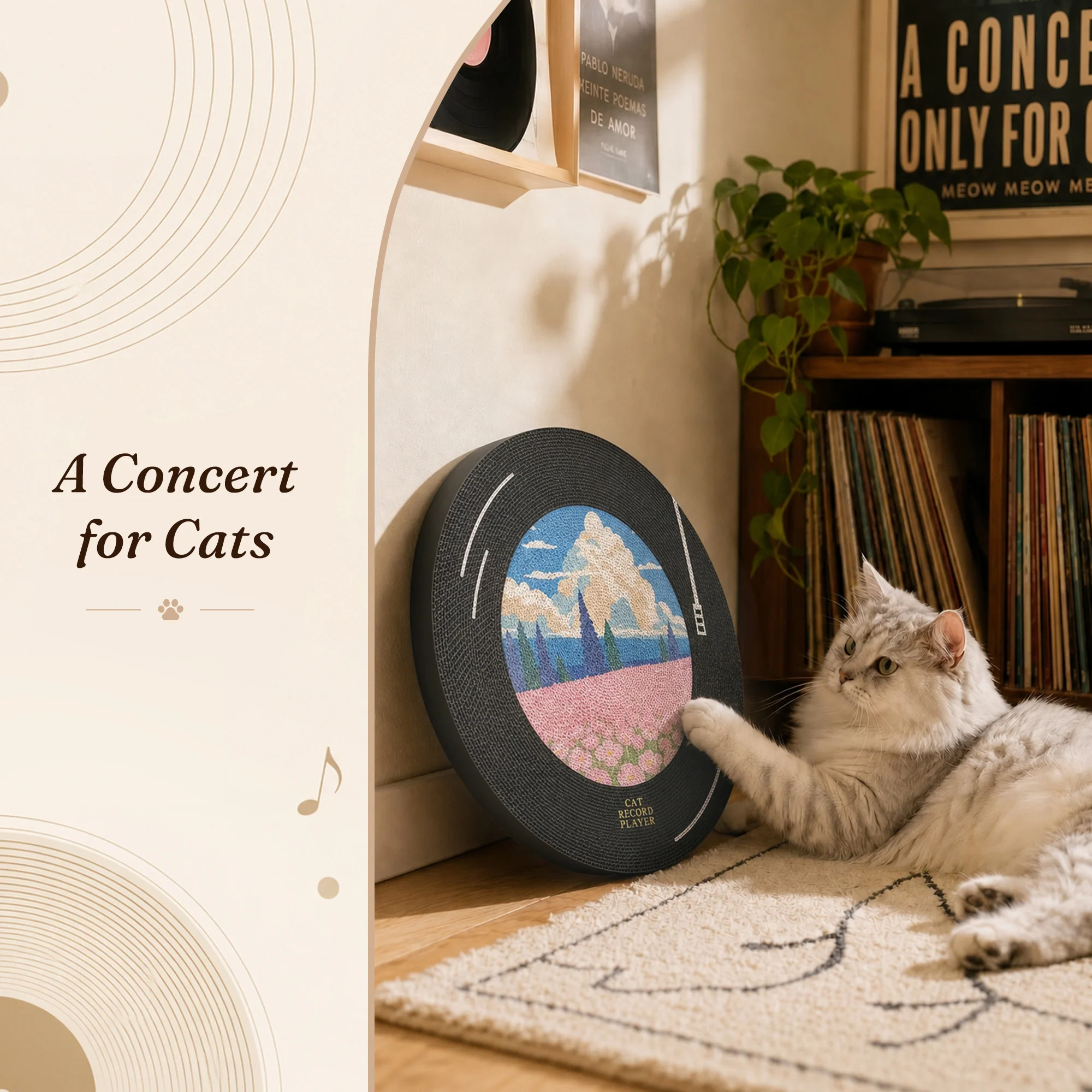 Vinyl Dreams vægklatrestativ til katte med pladestel til musikelskende katte