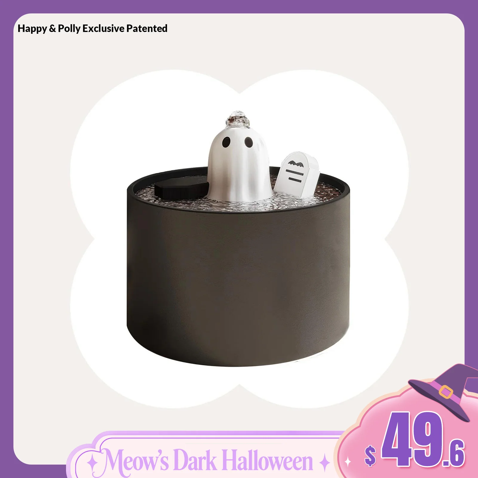 50oz / 1.5L Ceramic Ghost Cat Water Fountain with Quiet Flow