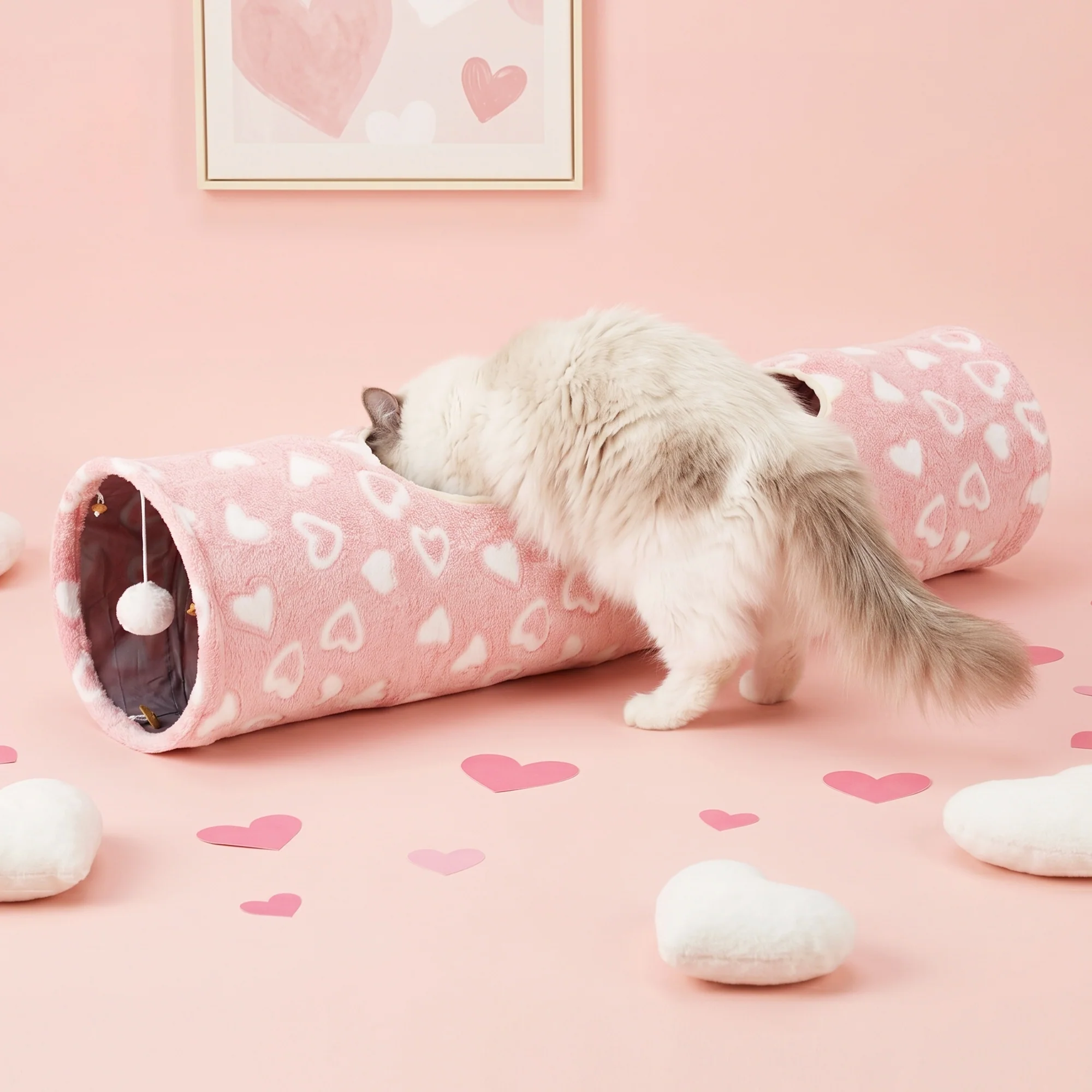 Sweetheart Snuggle Cat Tunnel Bed in Soft Pink Plush