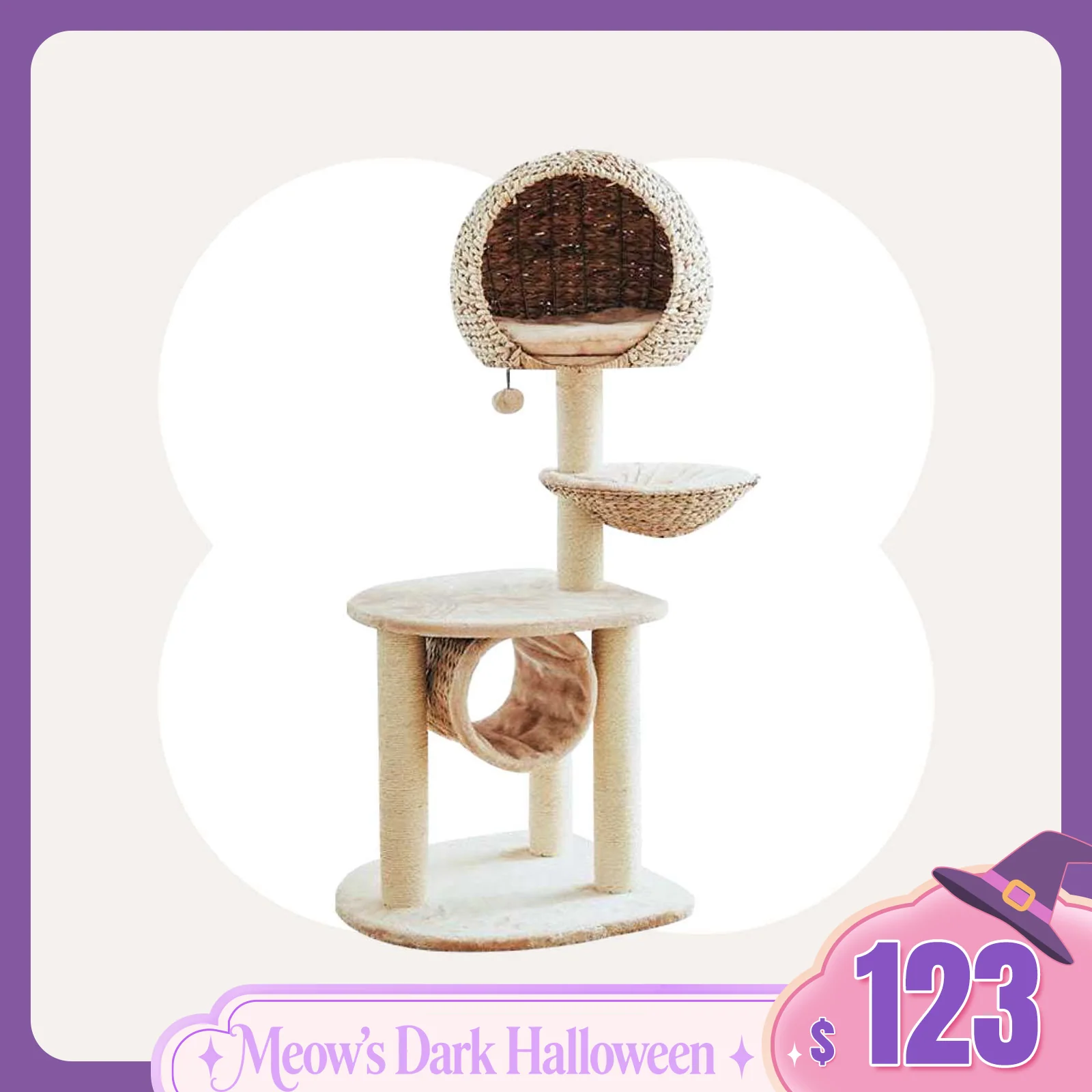 Bird Nest Cat Tree with Hand-Woven Rattan Bed and Four Sisal Posts