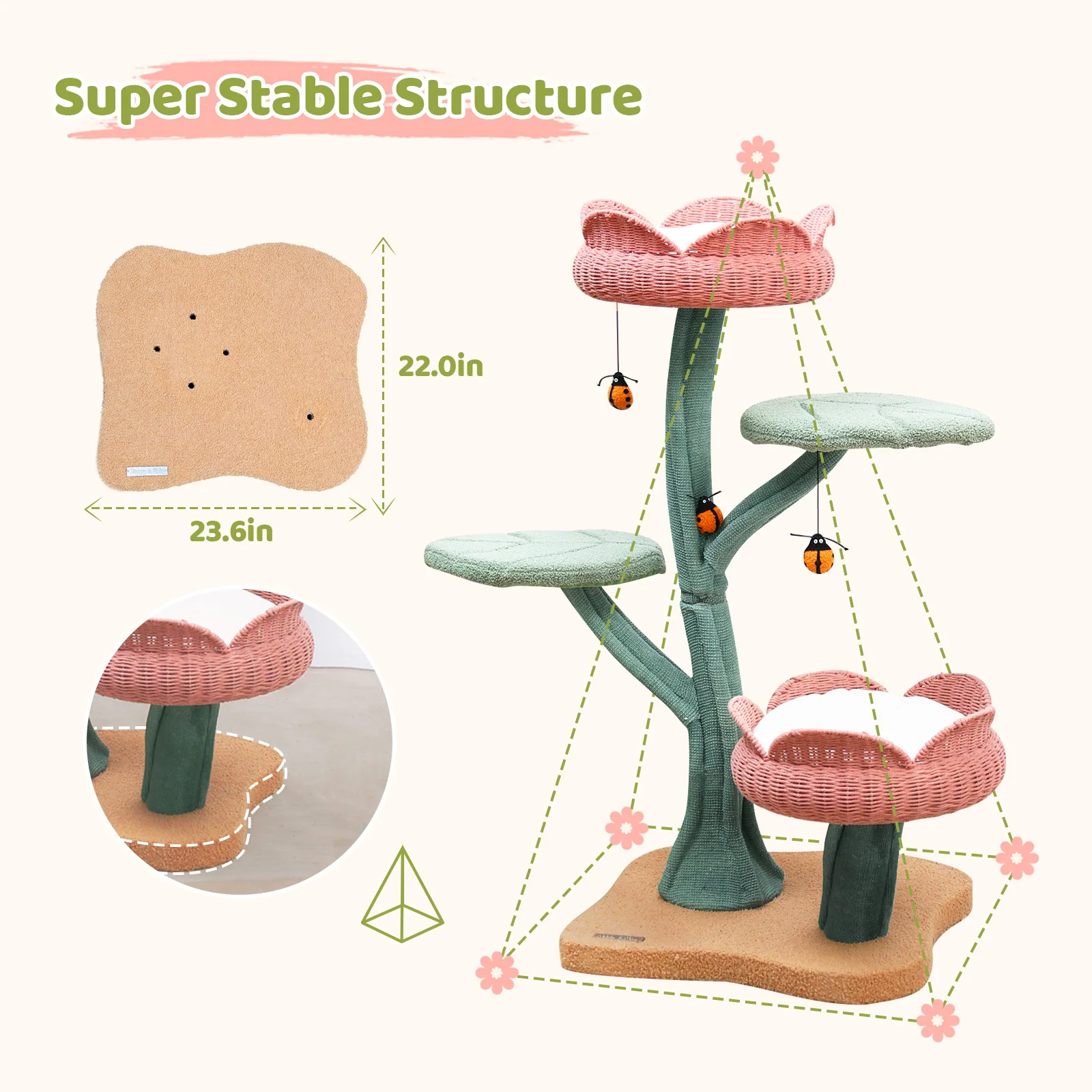Yellow Tulip Cat Tree with Iron Support and Ladybug Toy