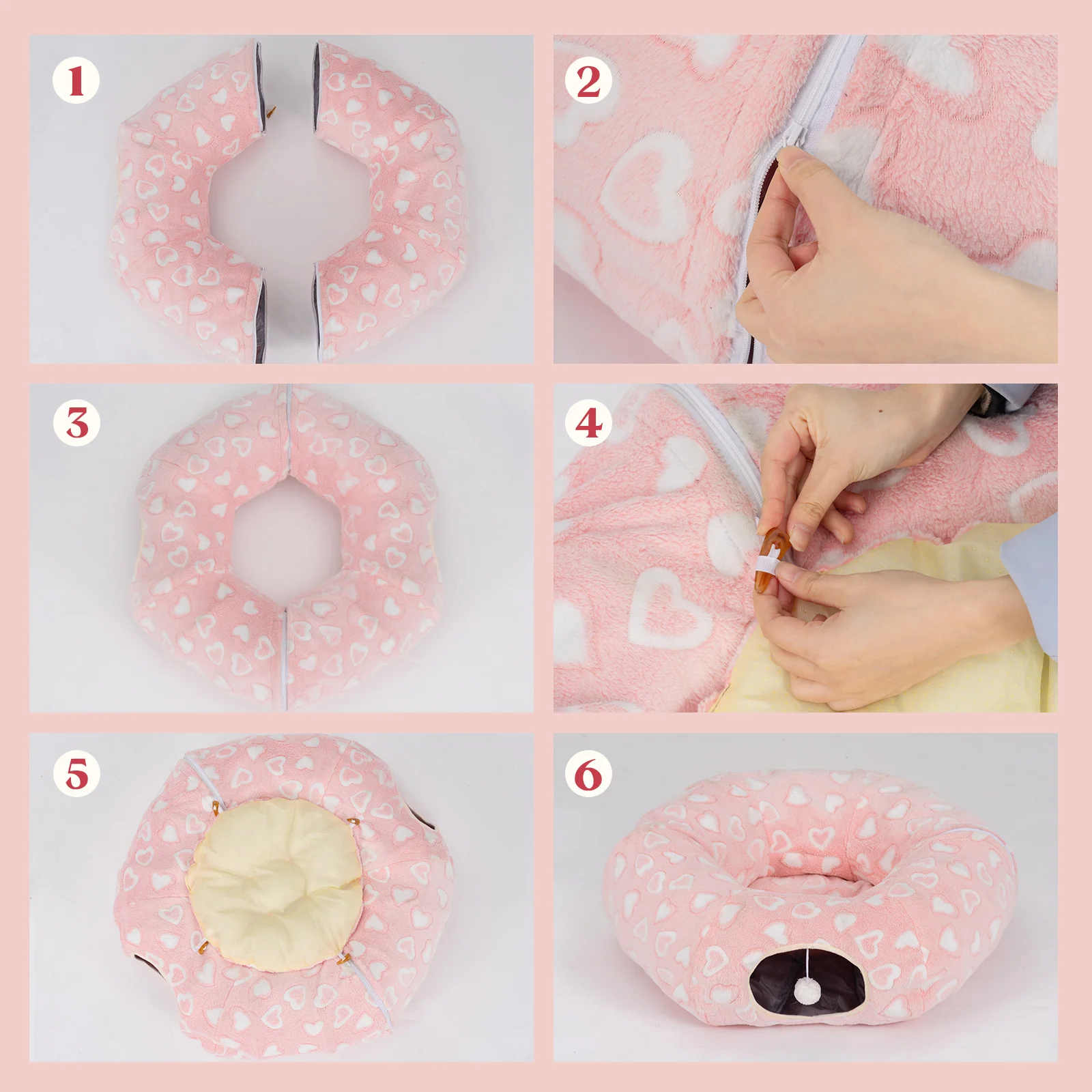 Sweetheart Snuggle Cat Tunnel Bed in Soft Pink Plush
