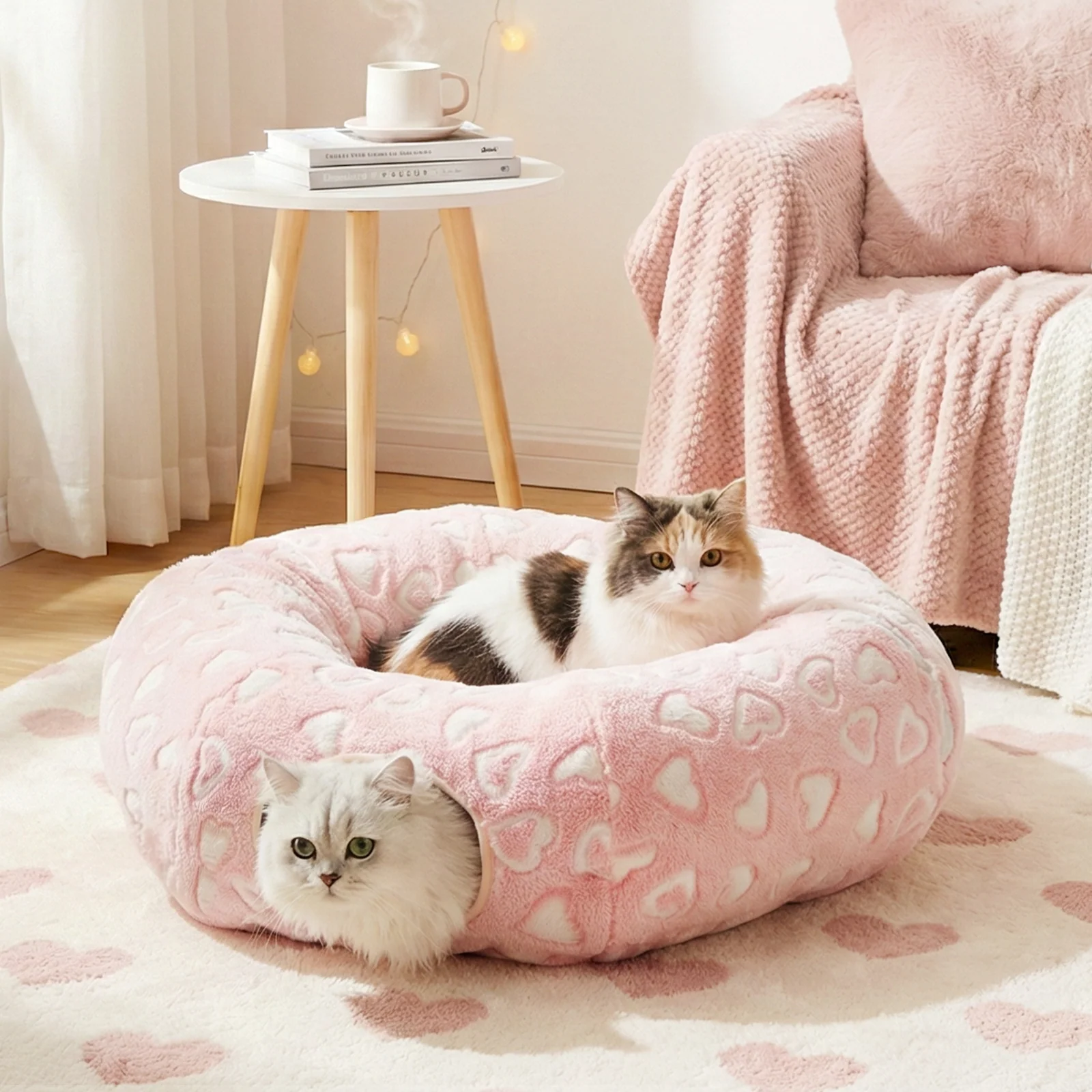 Sweetheart Snuggle Cat Tunnel Bed in Soft Pink Plush