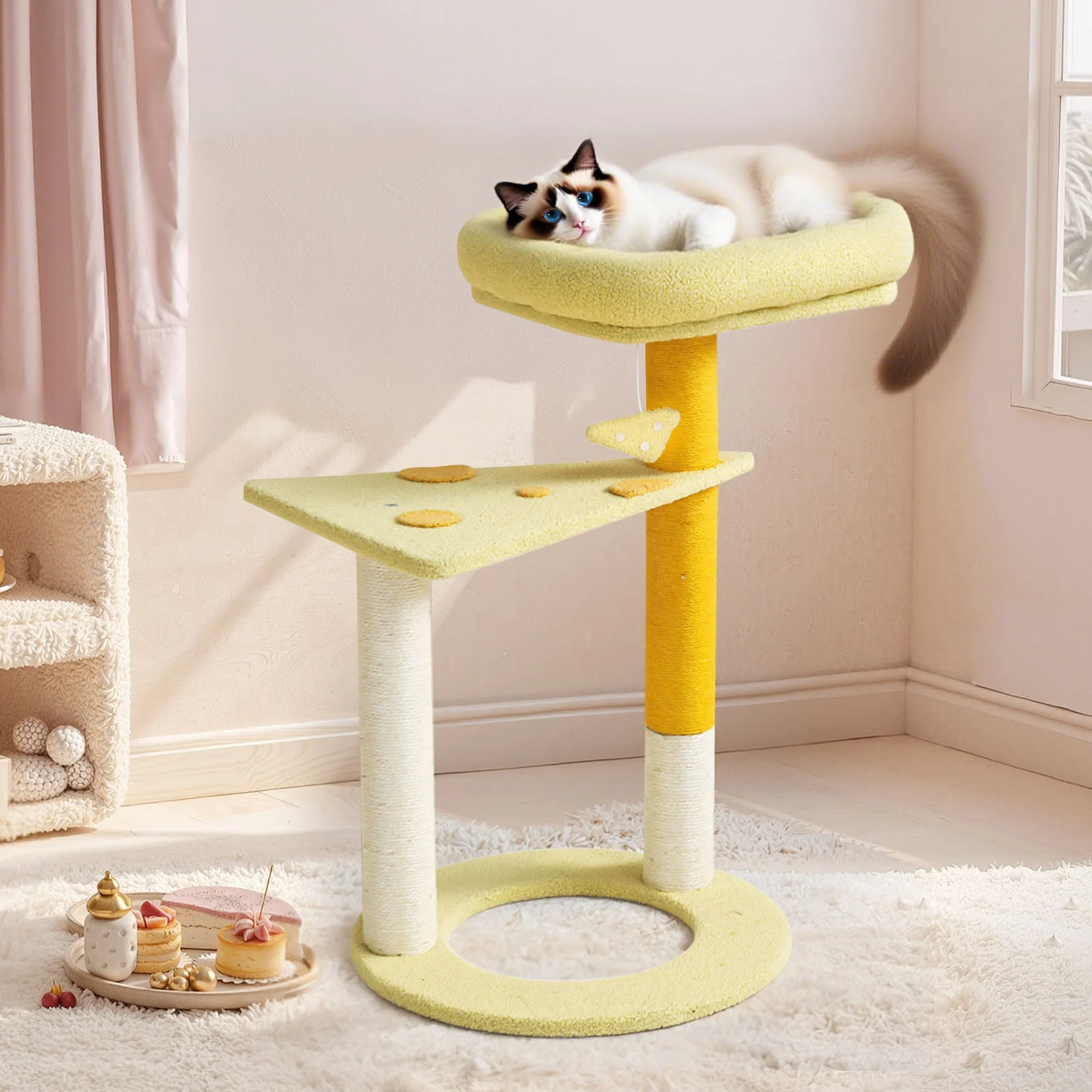 Árbol rascador para gatos con forma de queso transformable, caseta con 3 puertas y acabado de terciopelo Teddy