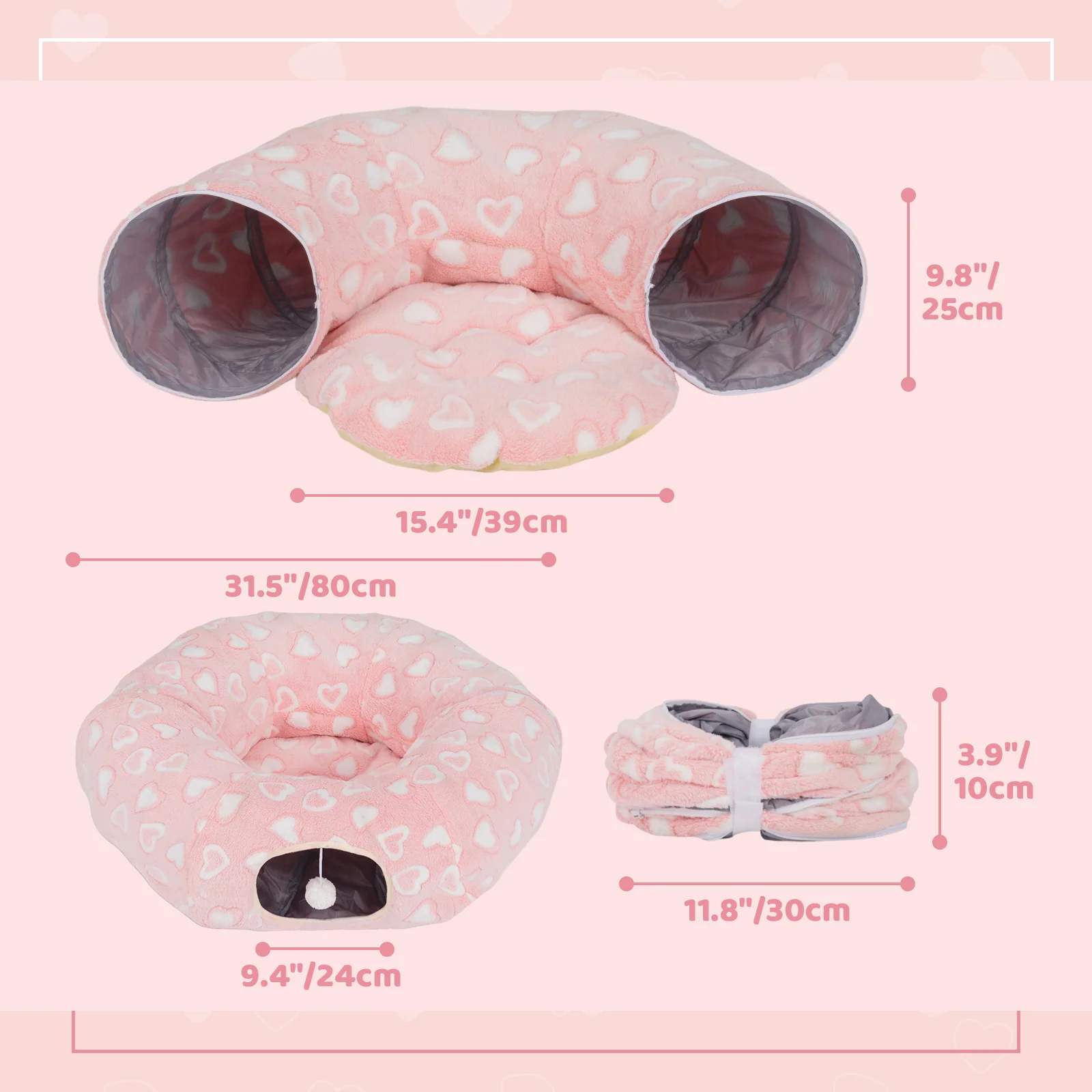 Sweetheart Snuggle Cat Tunnel Bed in Soft Pink Plush