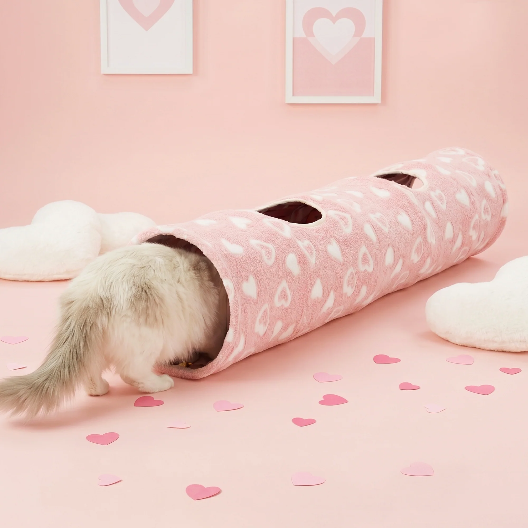 Sweetheart Snuggle Cat Tunnel Bed in Soft Pink Plush