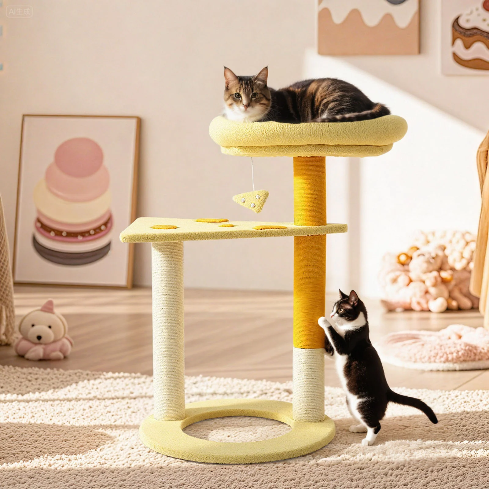 Árbol rascador para gatos con forma de queso transformable, caseta con 3 puertas y acabado de terciopelo Teddy