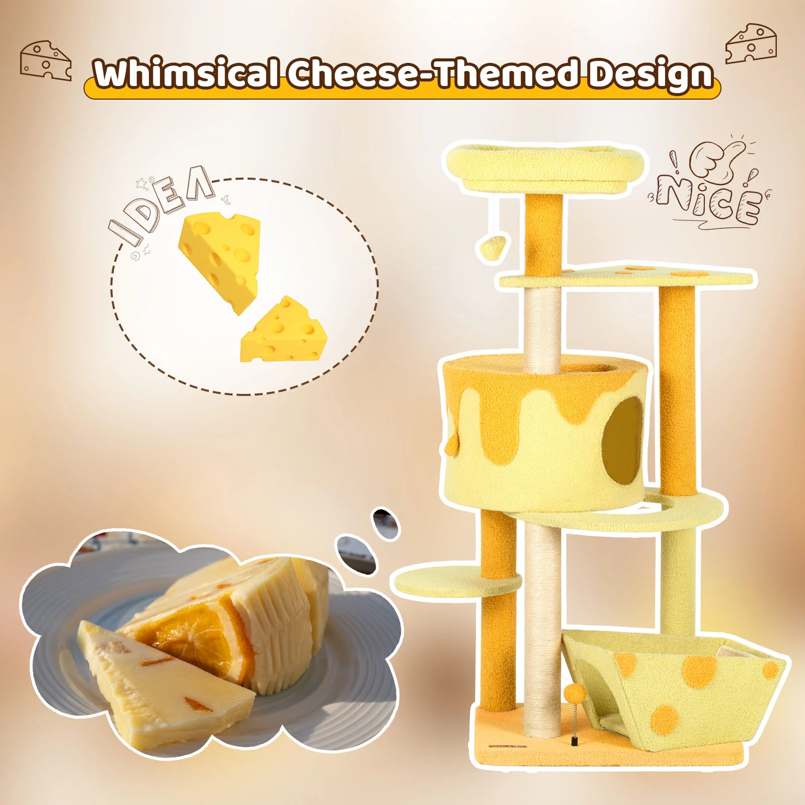 Árbol rascador para gatos con forma de queso transformable, caseta con 3 puertas y acabado de terciopelo Teddy