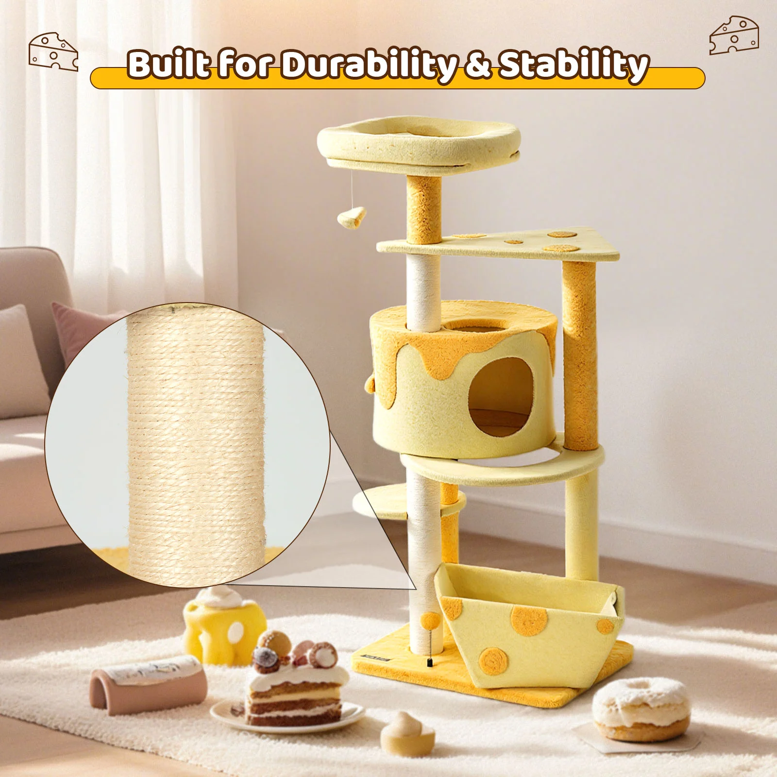 Árbol rascador para gatos con forma de queso transformable, caseta con 3 puertas y acabado de terciopelo Teddy