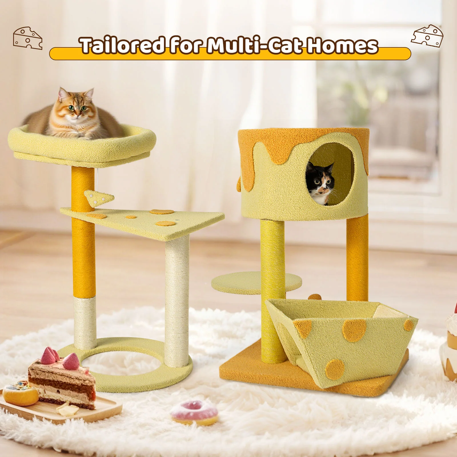 Árbol rascador para gatos con forma de queso transformable, caseta con 3 puertas y acabado de terciopelo Teddy
