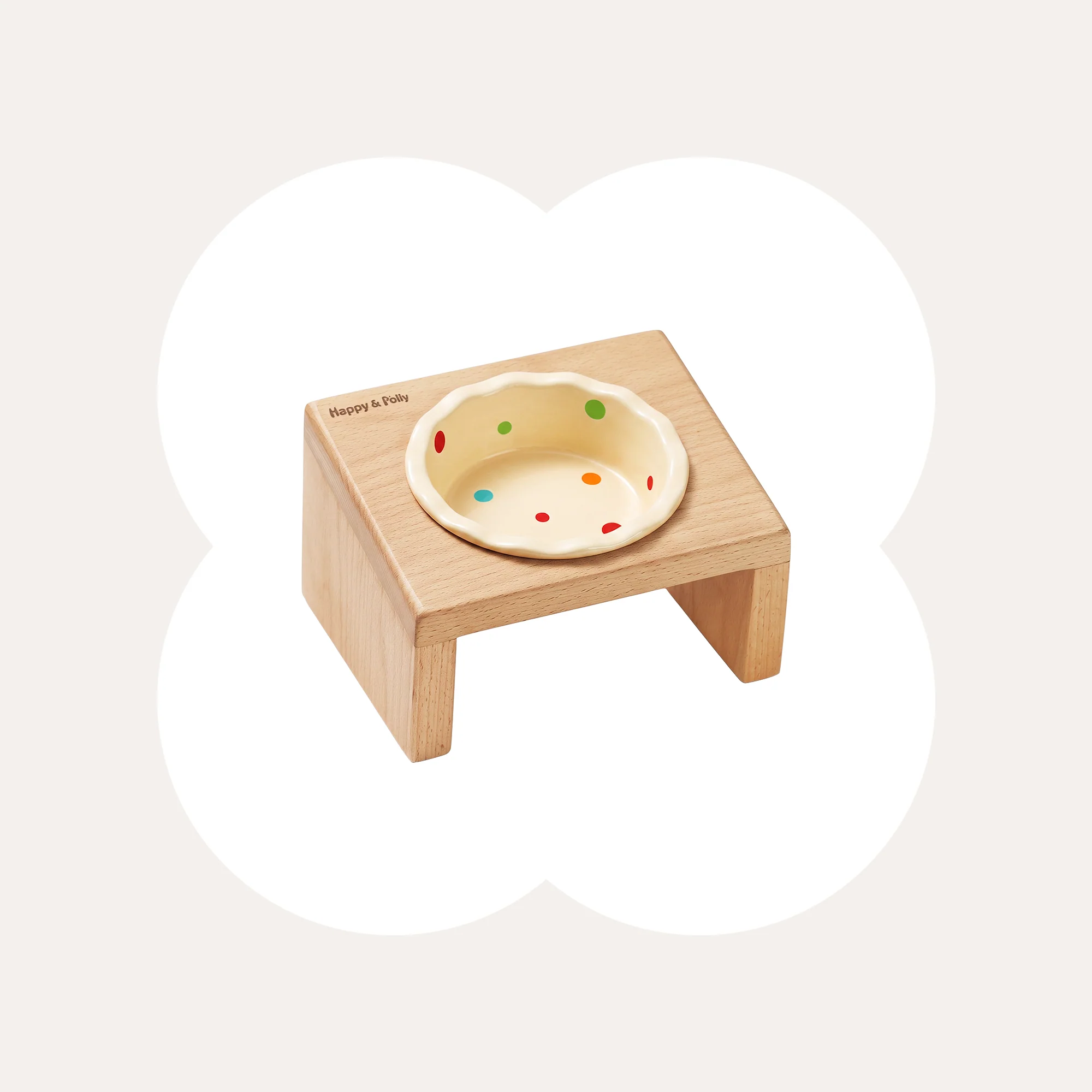 Elevated Wooden Cat Bowl Feeder with Floral Accent in Single or Double