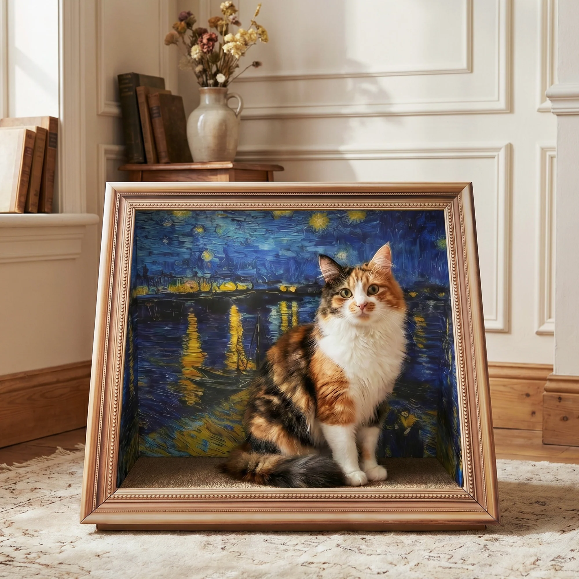 Retro Art Cat Scratcher with Gold Frame and Oil Painting Backdrop
