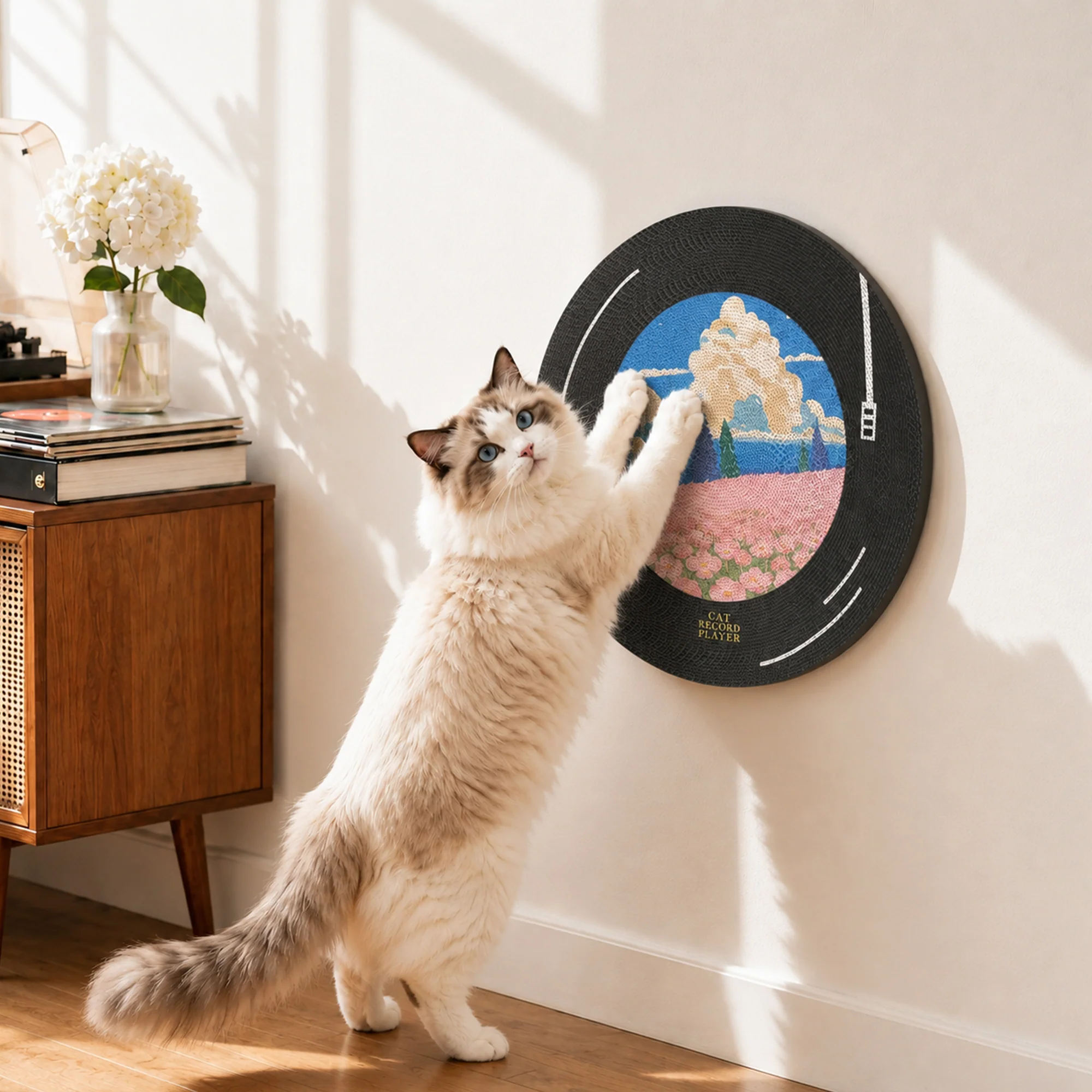 Vinyl Dreams vægklatrestativ til katte med pladestel til musikelskende katte