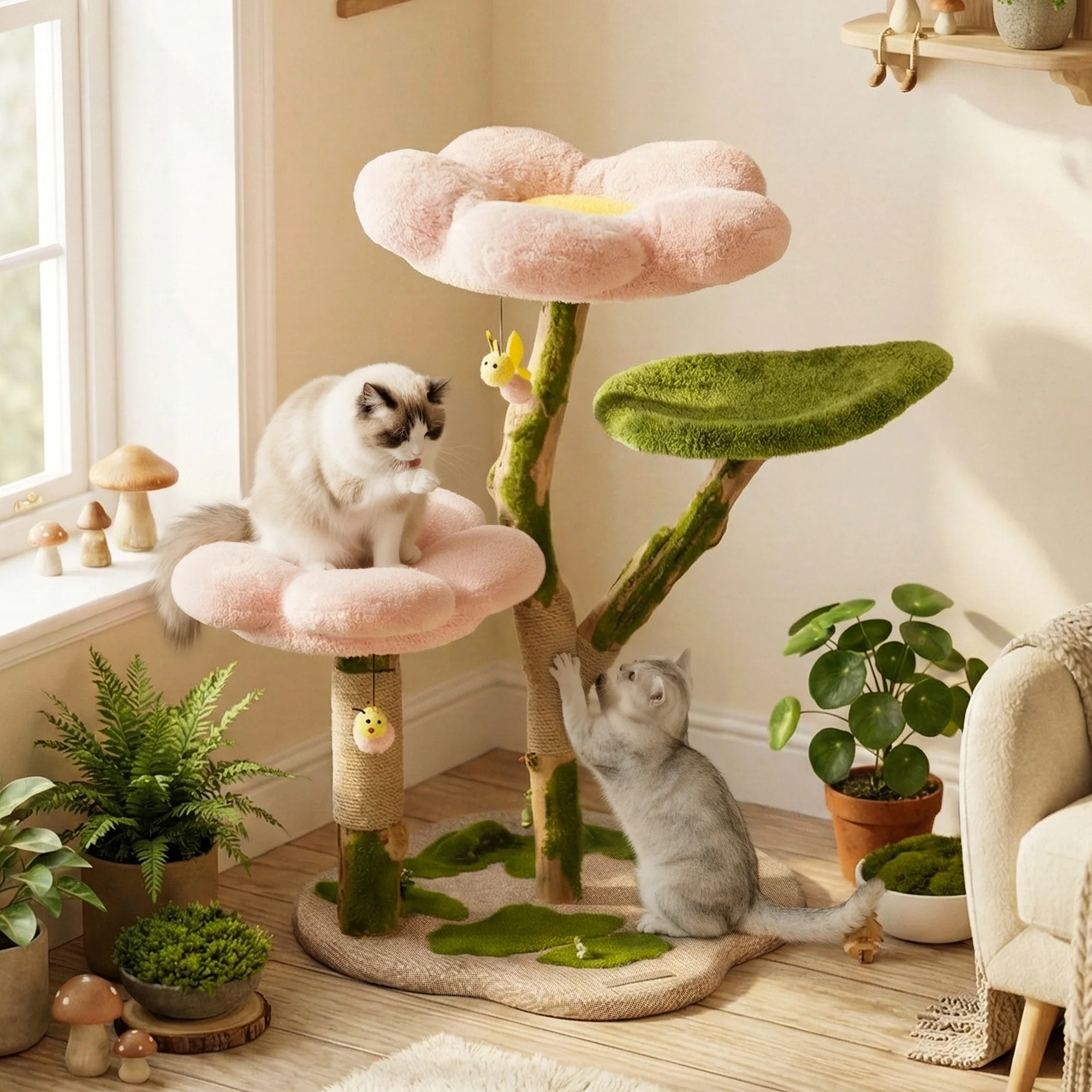 35.4" Blossom Wonder katträd i massivt trä med blom- och lövdesign