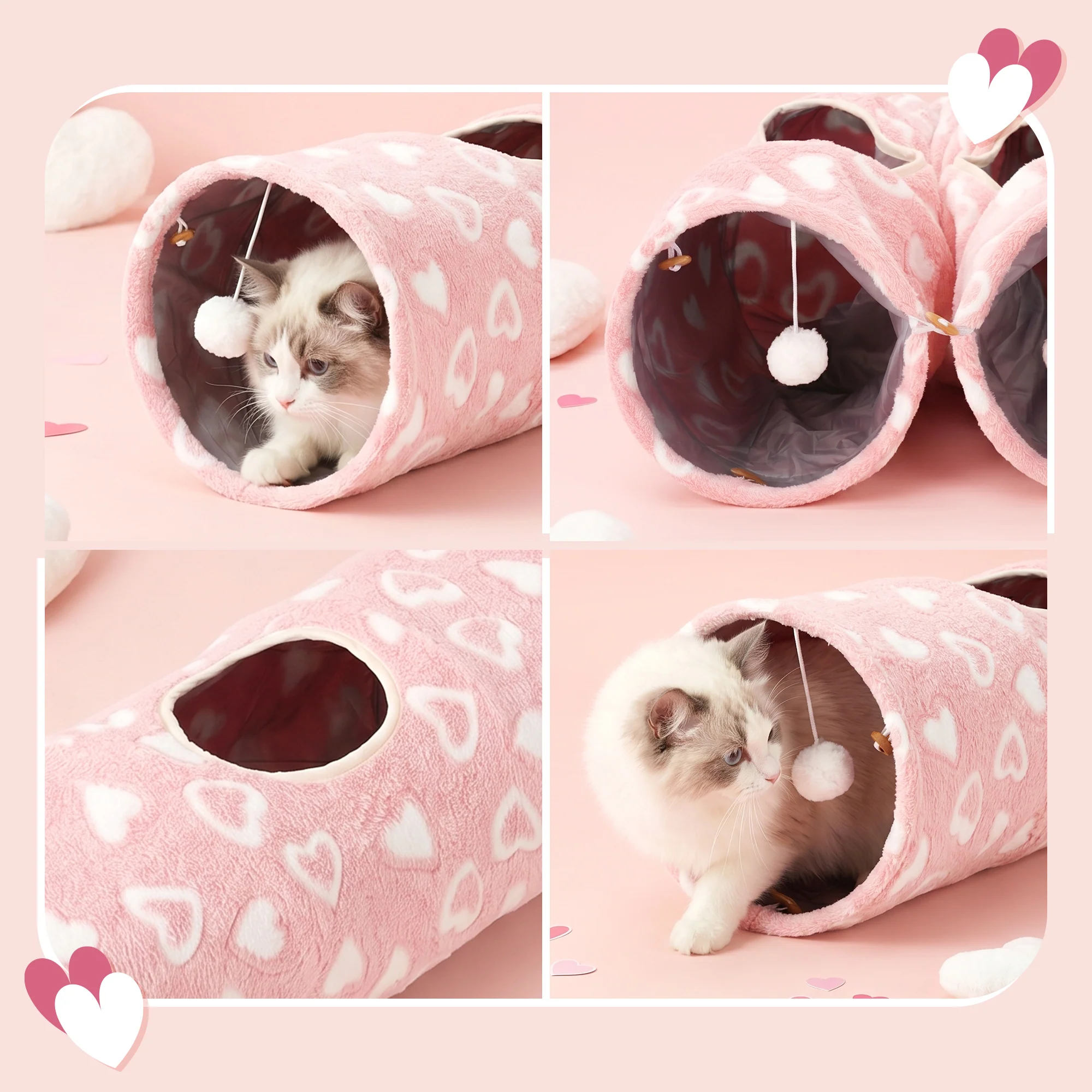 Sweetheart Snuggle Cat Tunnel Bed in Soft Pink Plush