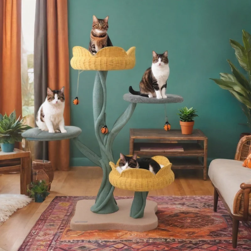 Yellow Tulip Cat Tree with Iron Support and Ladybug Toy