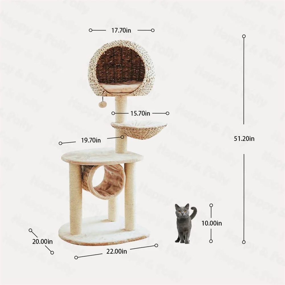 Bird Nest Cat Tree with Hand-Woven Rattan Bed and Four Sisal Posts
