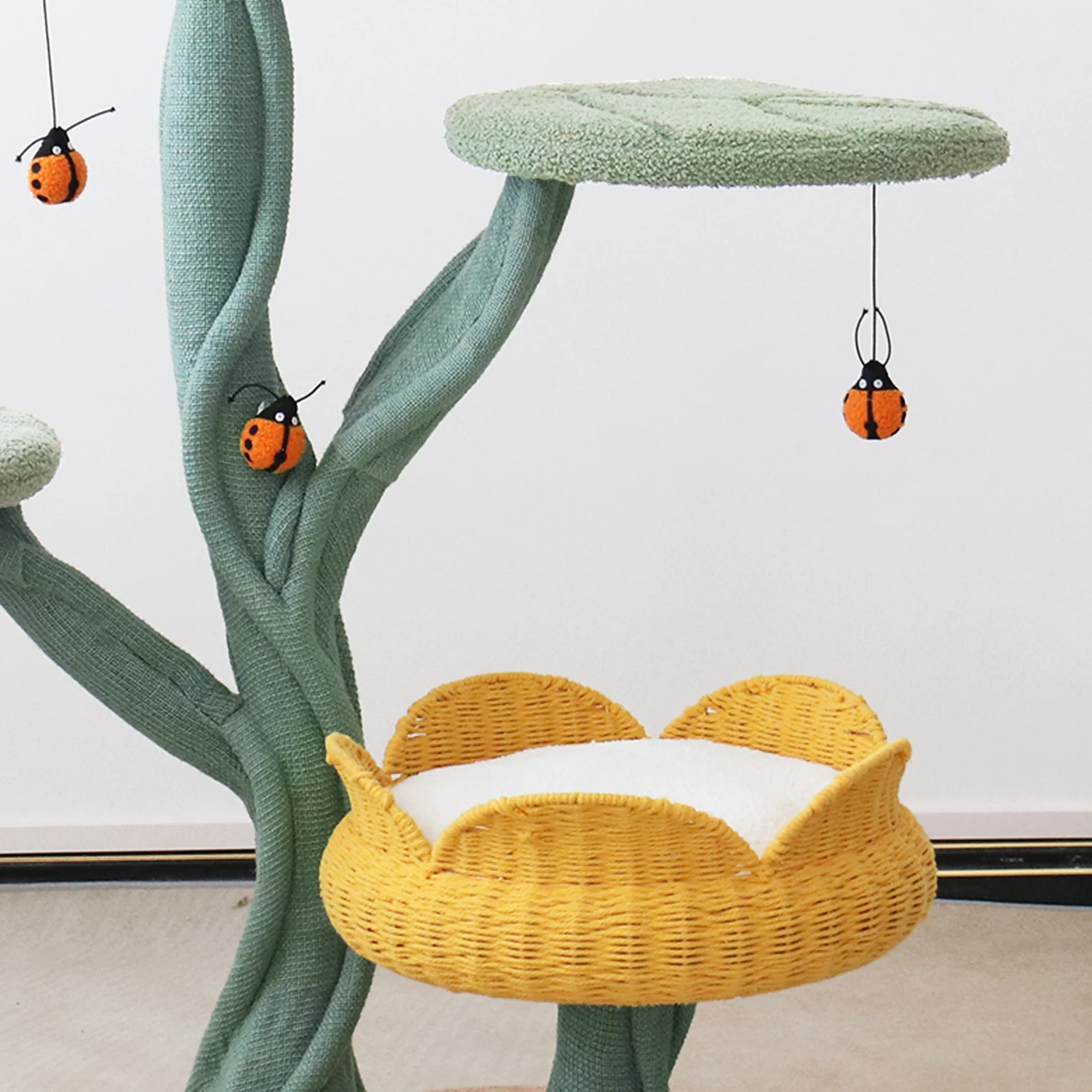 Yellow Tulip Cat Tree with Iron Support and Ladybug Toy