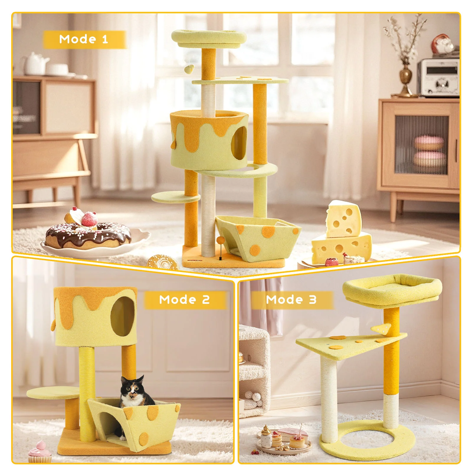 Árbol rascador para gatos con forma de queso transformable, caseta con 3 puertas y acabado de terciopelo Teddy