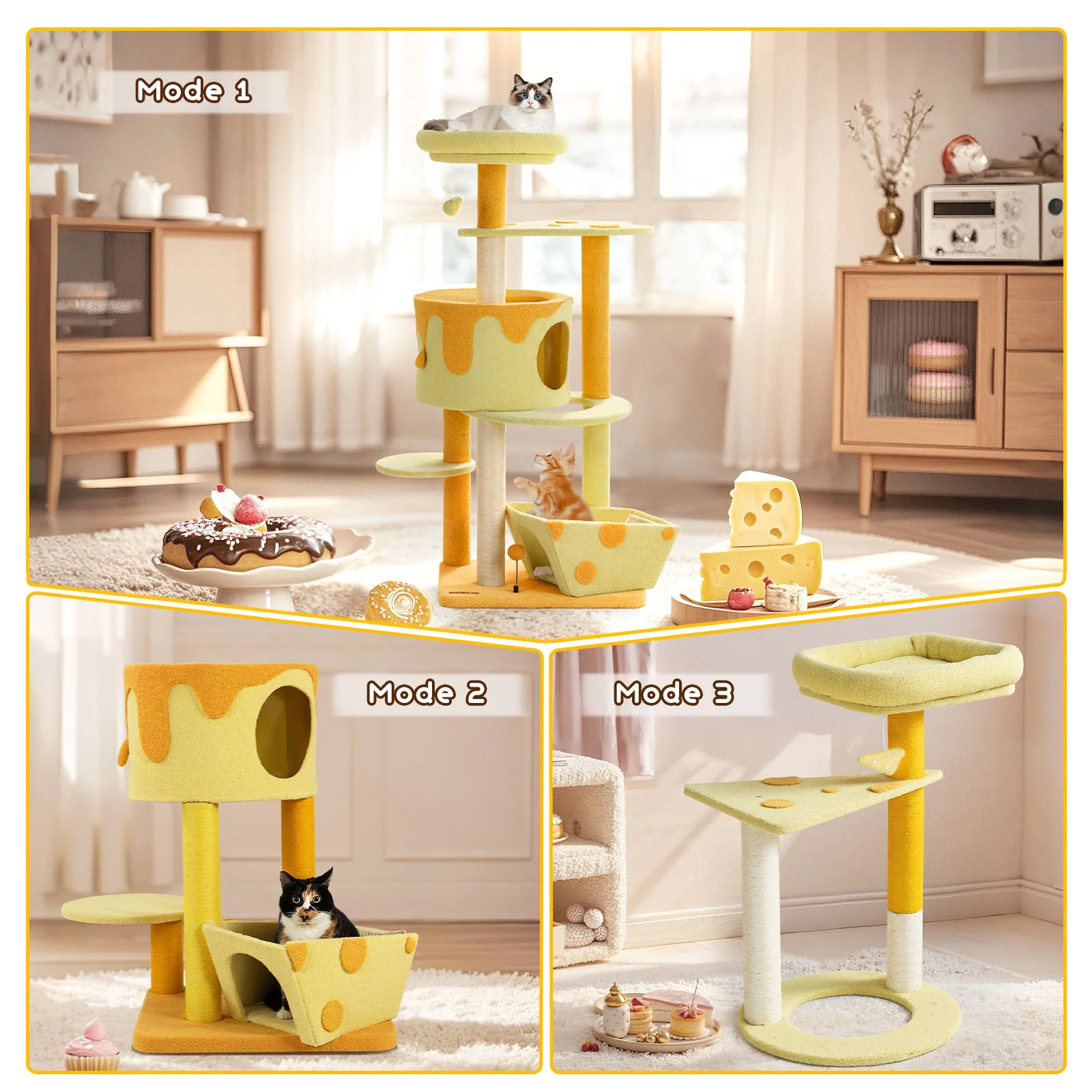 Árbol rascador para gatos con forma de queso transformable, caseta con 3 puertas y acabado de terciopelo Teddy
