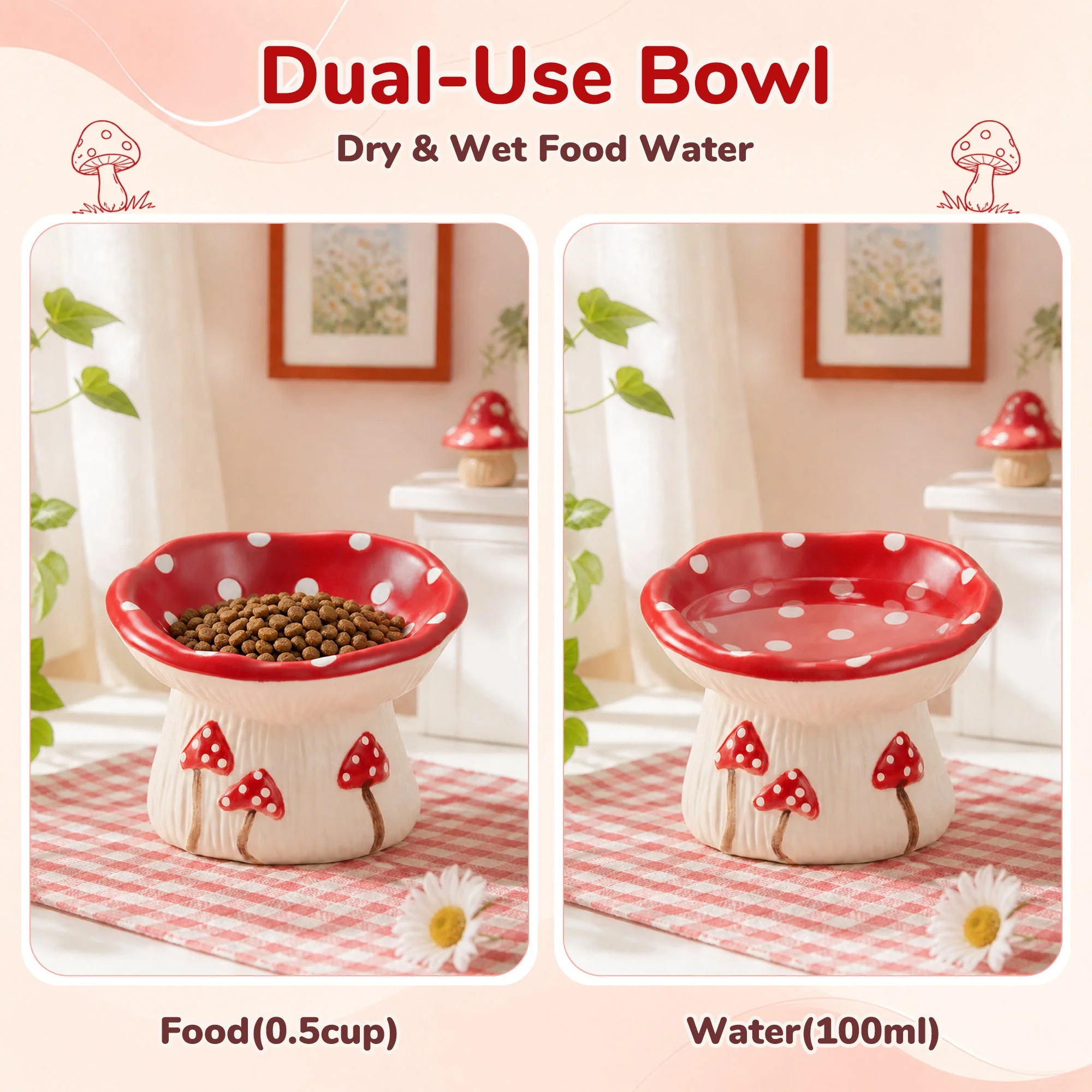 3.4oz Mushroom Picnic Ceramic Cat Bowl