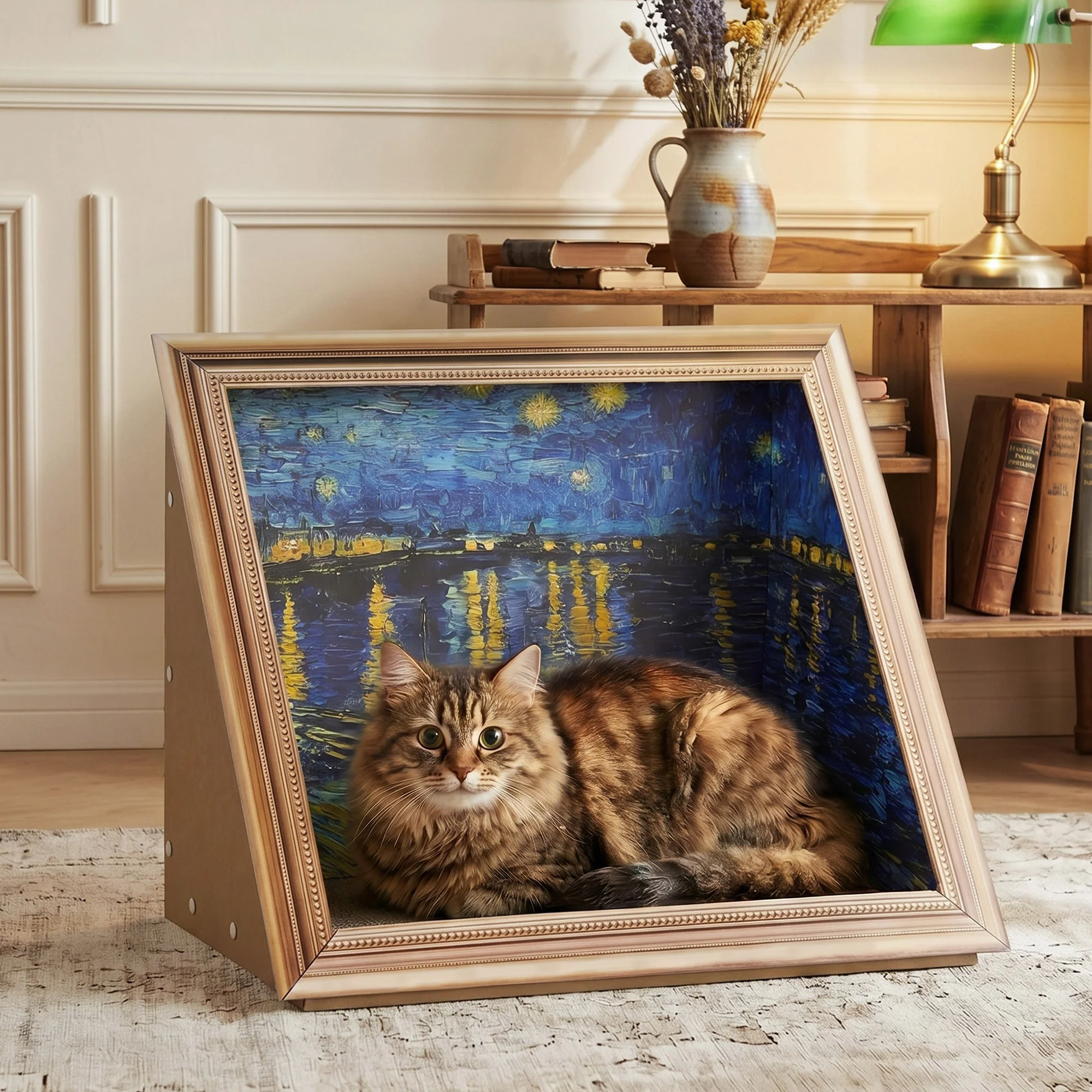 Retro Art Cat Scratcher with Gold Frame and Oil Painting Backdrop