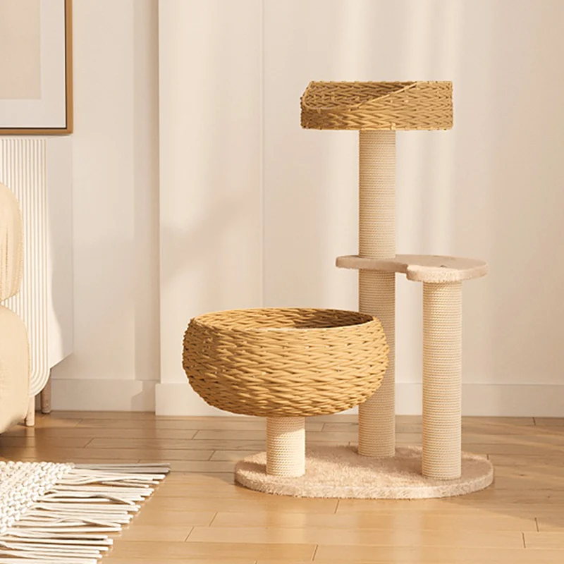 Sleeping in the Bowl Cat Tree with Natural Rattan Nest and 3 Tiers