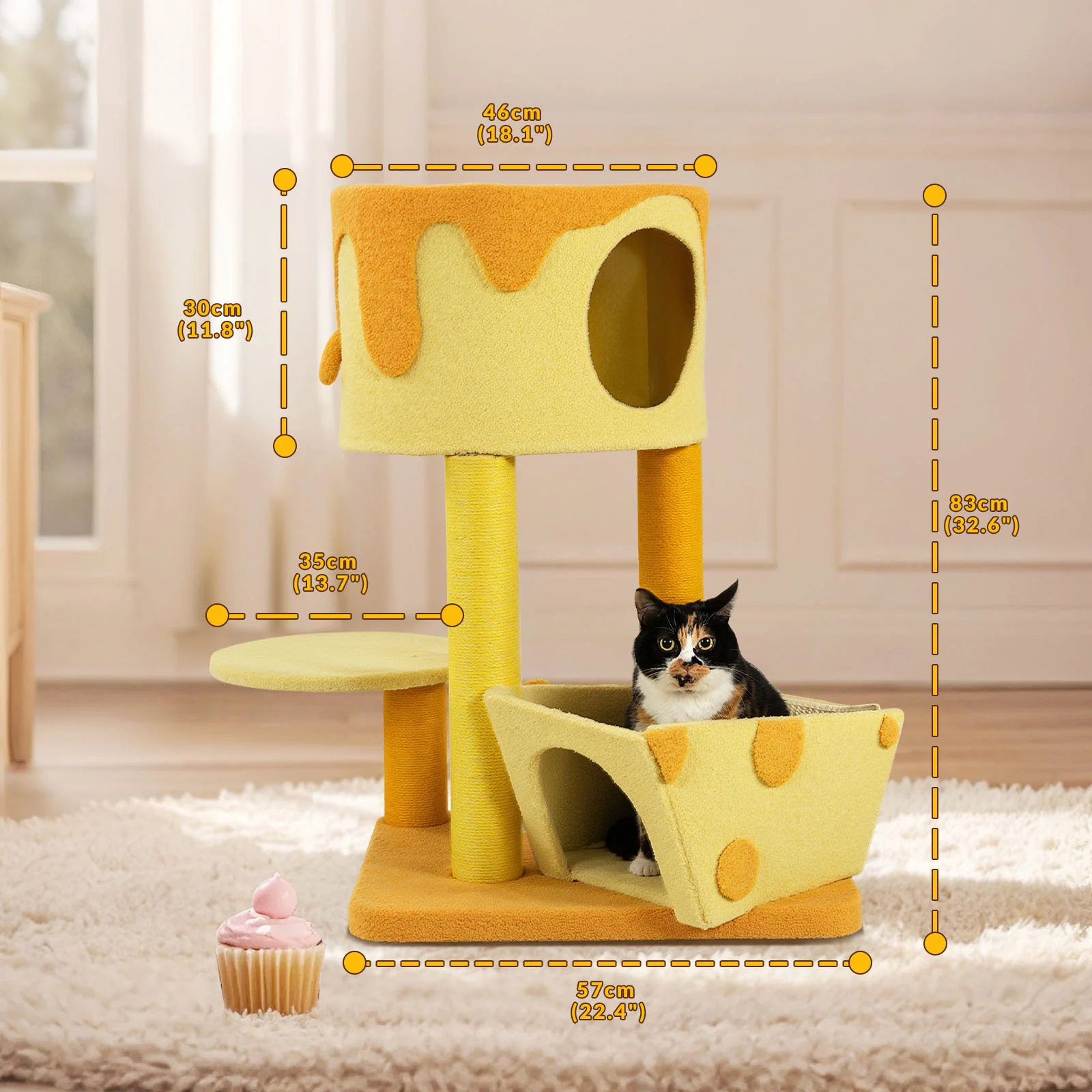 Árbol rascador para gatos con forma de queso transformable, caseta con 3 puertas y acabado de terciopelo Teddy